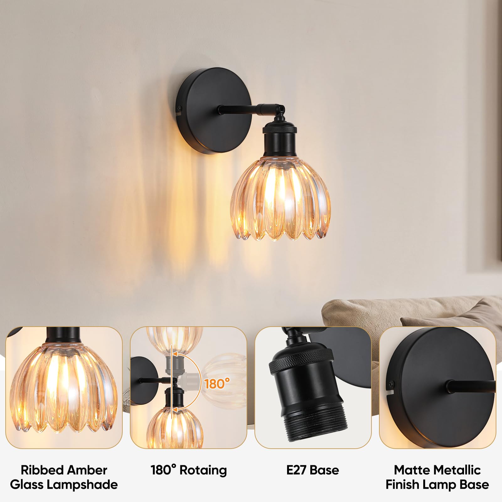 Lámpara de Pared de Vidrio, Base E27 (bombilla no incluida), Negro 4800273