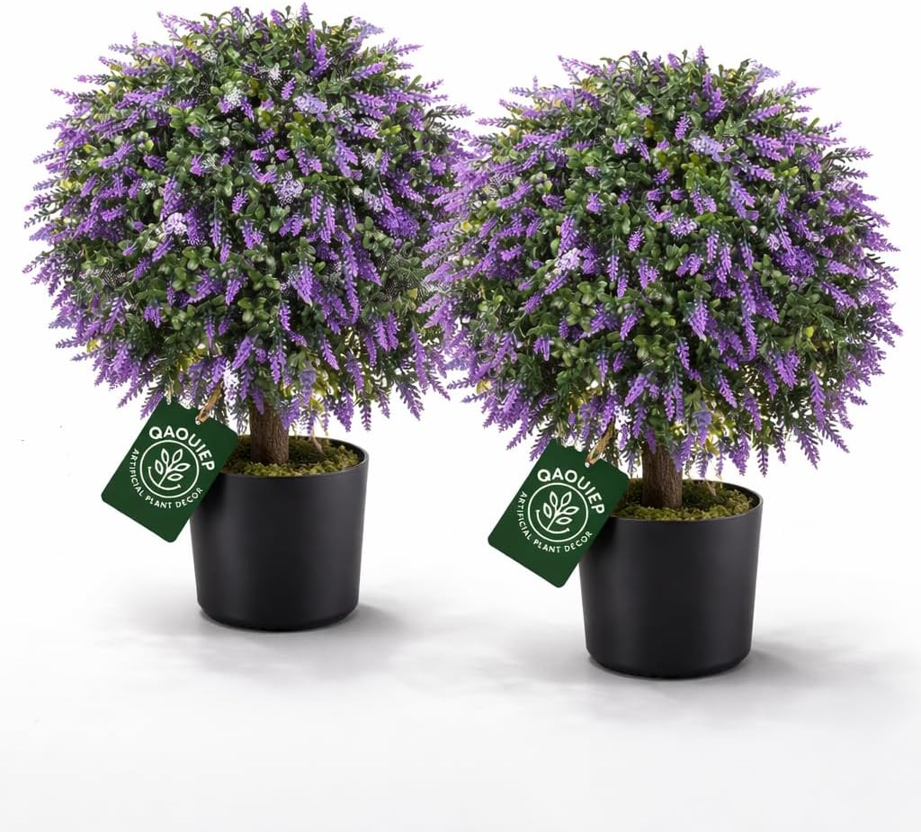Artificial Lavender Topiary Trees Set of 2, 24" UV Resistant Fake Plants for Front Door Porch Decor, Potted Faux Lavender Plants for Outdoor Patio Entryway