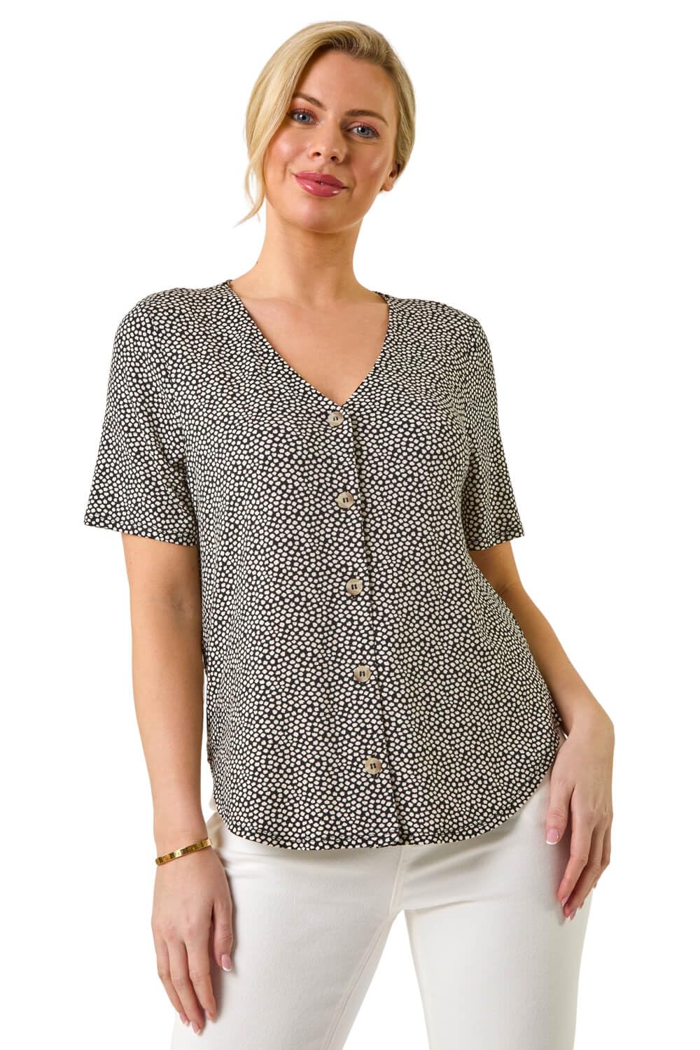 Roman Petite V-Neck Button Through Blouse for Women UK - Ladies Everyday Autumn Winter V-Neckline Comfy Soft Evening Vacation Work Party Night Out - Petite Black - Size 14