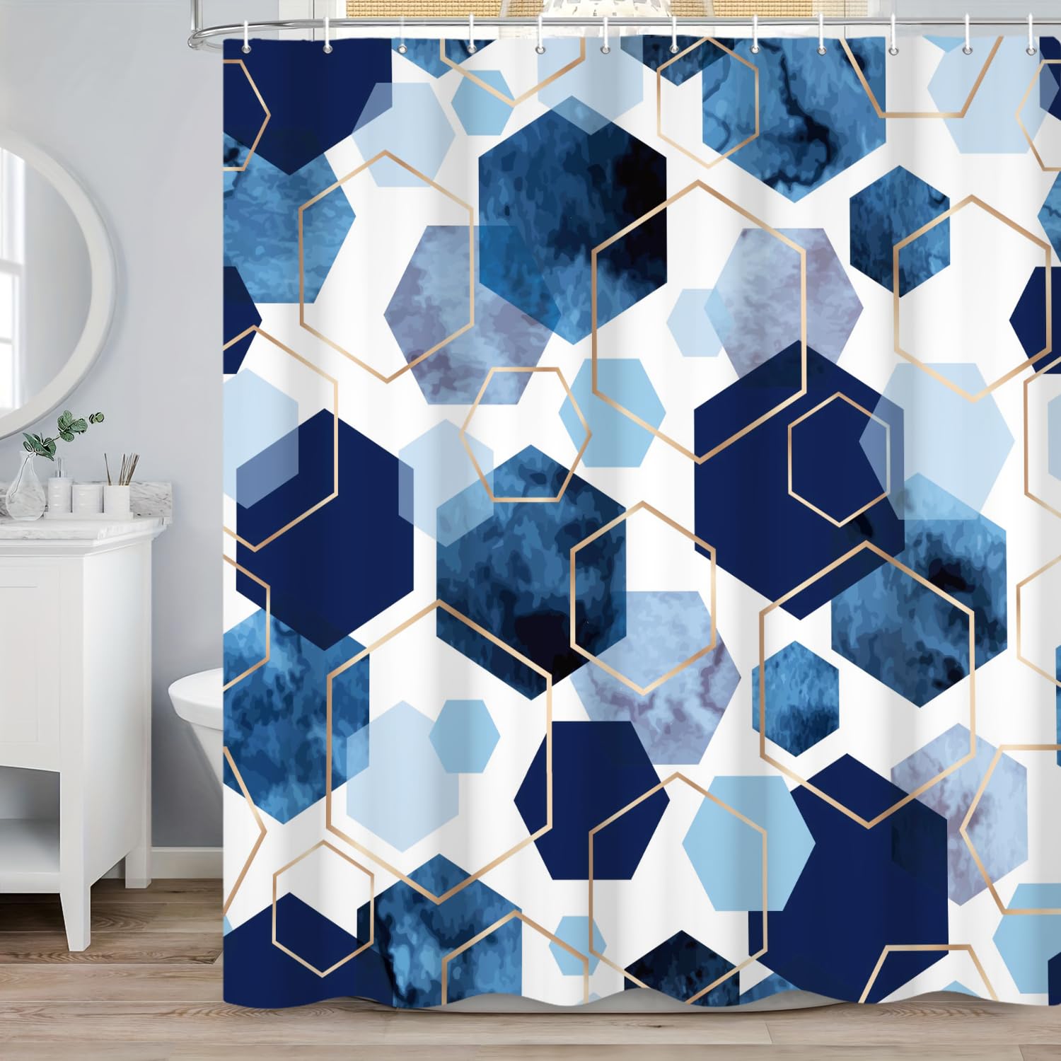ASDCXZ Blue Shower Curtain 180x220 cm, Modern Abstract Art Geometric Blue Gold Hexagon Pattern Waterproof Bath Curtain Polyester Textile Washable Shower Curtains for Bathtub with 12 Hooks
