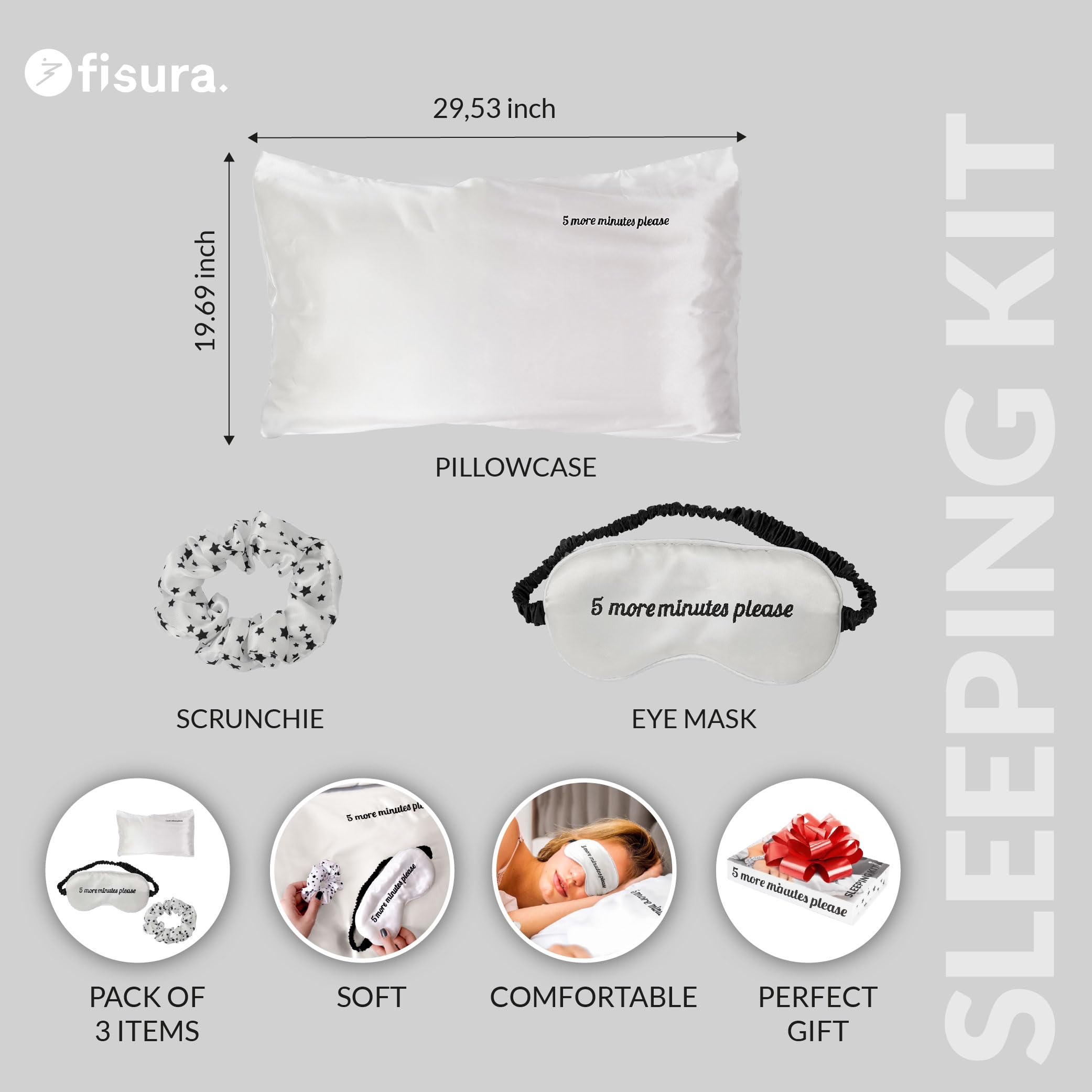 Fisura – Zestaw do spania "5 more minutes": satynowa poszewka 50x70 cm, miękka gumka do włosów i opaska na oczy. Oryginalny prezent dla kobiet ceniących komfort.