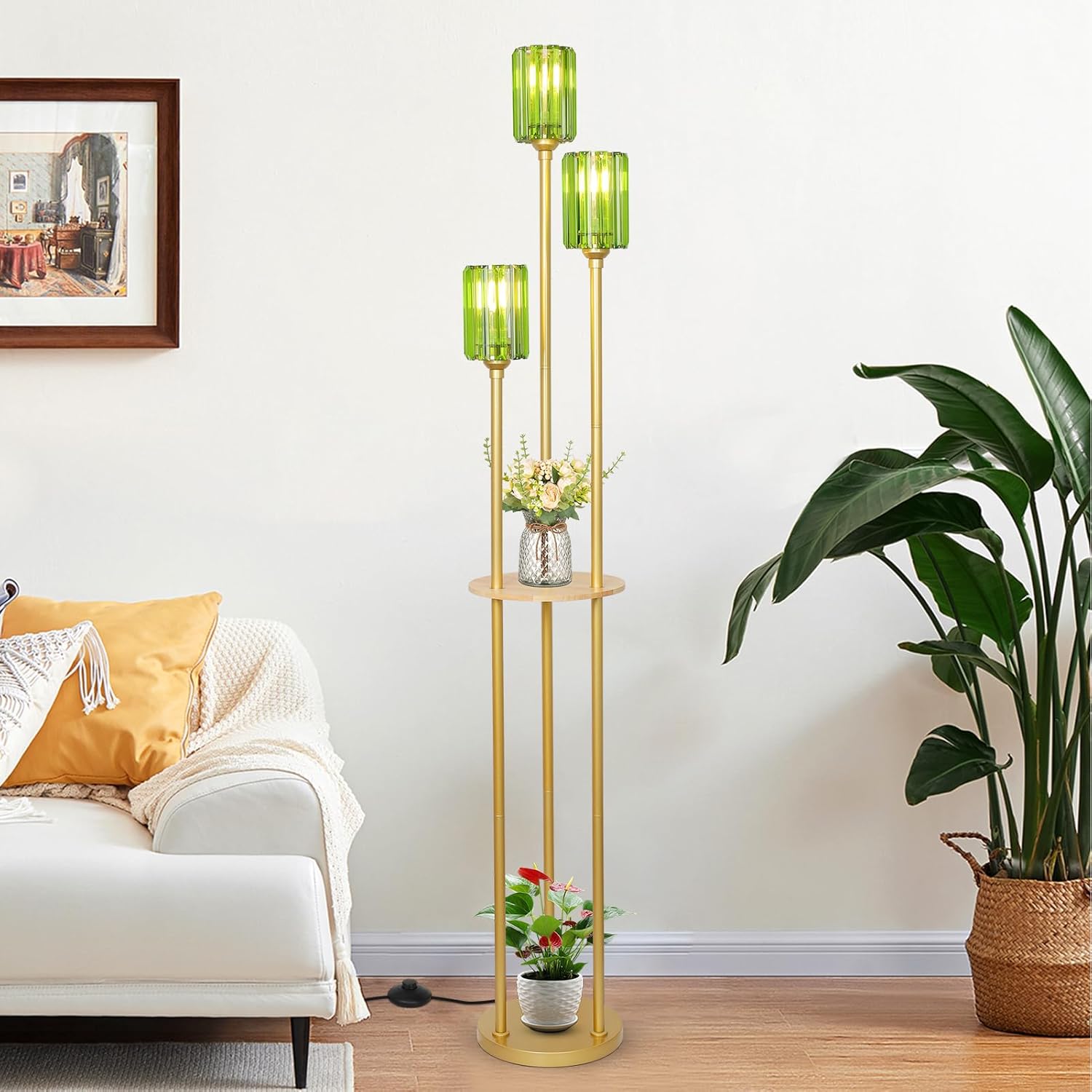 HMVPL Gold Floor Lamp for Living Room, Vintage Floor Lamp with Wood Shelf, Mid Century Standing Lamp with Table, Modern Tall Lamp with Green Crystal Shade, On/Off Switch, Boho Corner Lamp for Bedroom