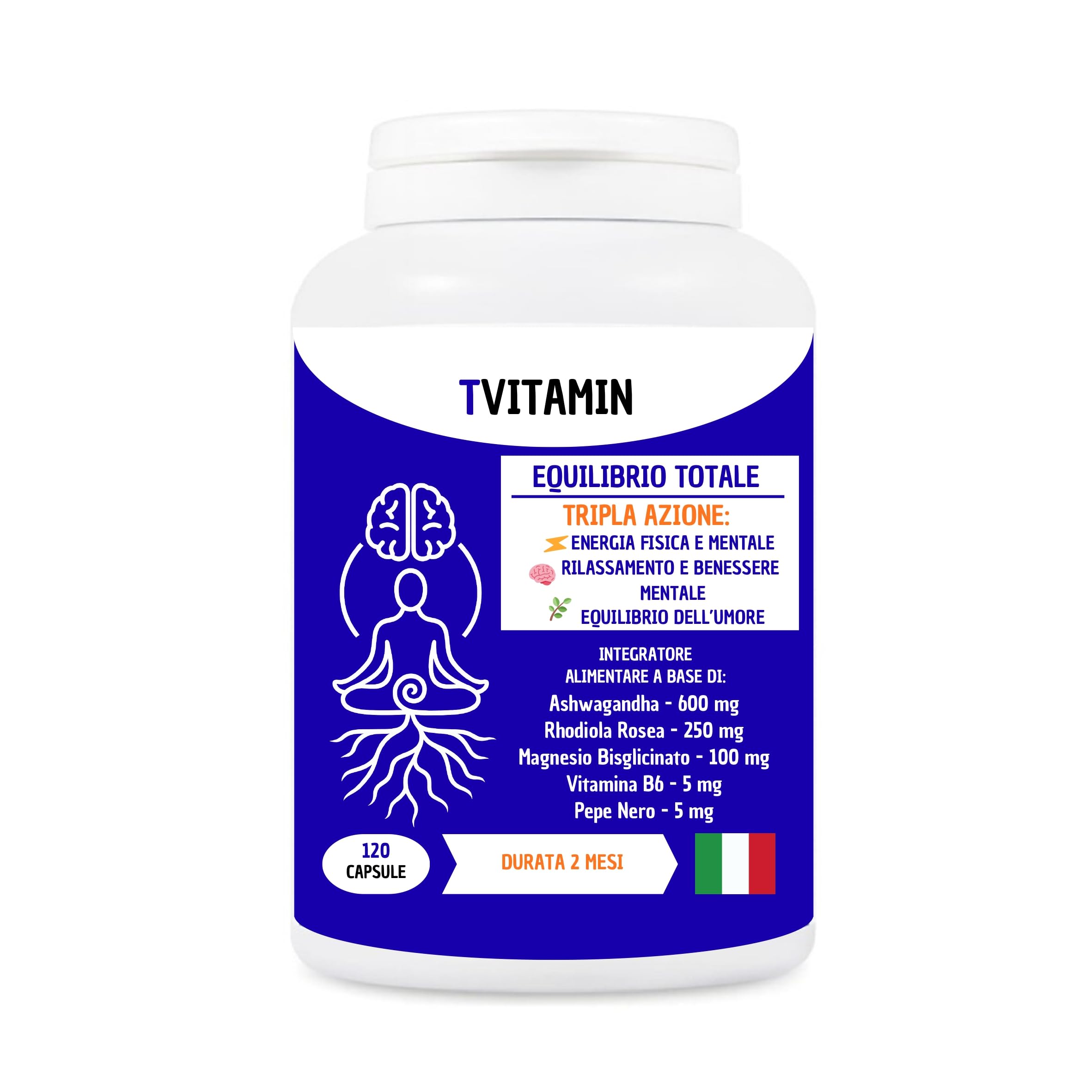 ASHWAGANDHA & RHODIOLA con Magnesio e Vitamina B6 (120 Capsule) – Tripla Azione Naturale per Vitalità, Equilibrio dell’Umore e Serenità Mentale – Made in Italy.