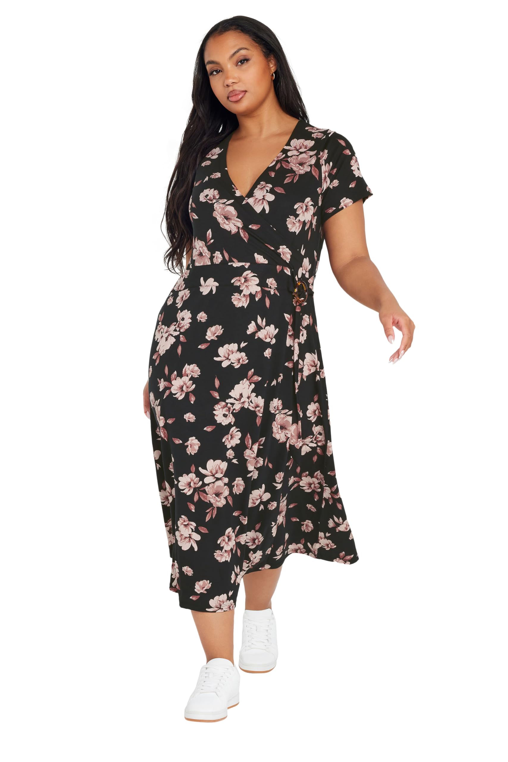 Yours Women's Black Curve Floral Buckle Detail Midi Dress - Plus Curve 26-28 Plus