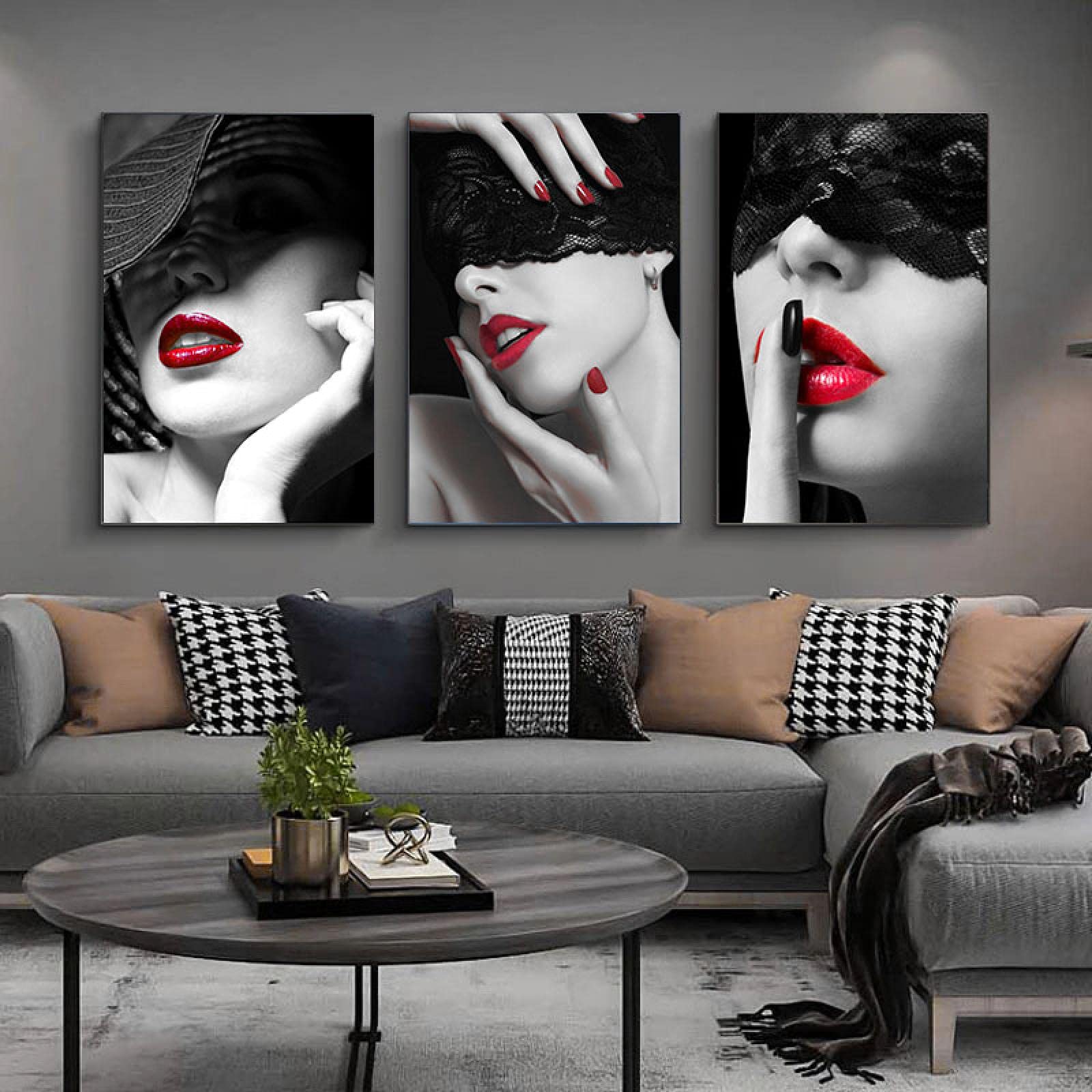 ZMFBHFBH Sexy Red Lips and Red Nails Mujer Dormitorio Decoración Lienzo Pintura Arte de la pared Carteles nórdicos e impresiones Cuadros de la pared Sala de estar 40x50cm (16x20in) x3 Con marco