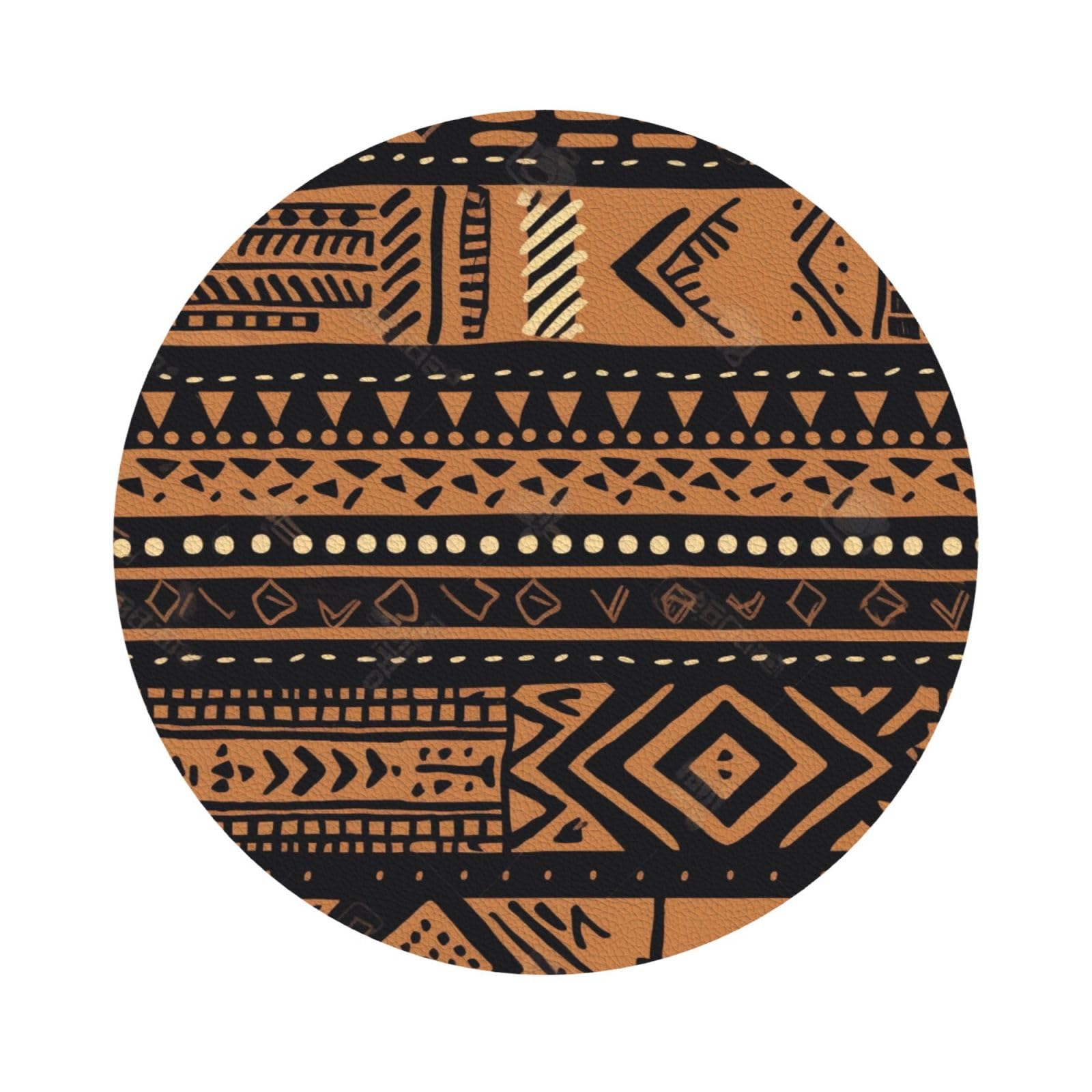 African Mud Cloth Tribal Print Leather Coaster Set of 6, Round Shape Coasters Table Decorative Coffee Cup Beverage Coasters Wine Beer Bar Coasters for Hot Drinks Table Protection