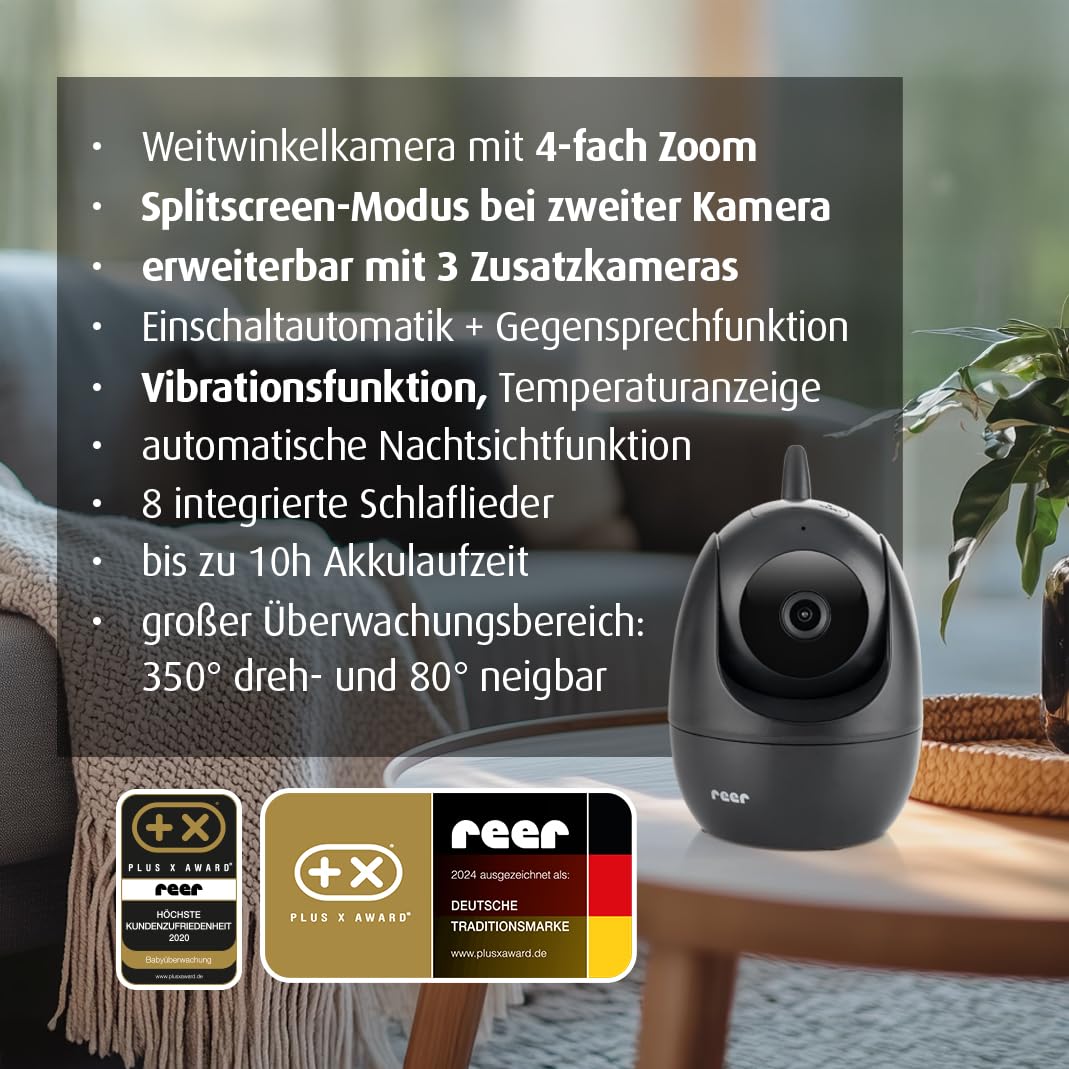 reer BabyCam Pro HD Move | Digitales Video-Babyphone mit FHSS-Technologie | Großer 5" HD-Bildschirm | 300m Reichweite | schwenk- & neigbare Kamera mit Nachtsicht und 4-fach Zoom