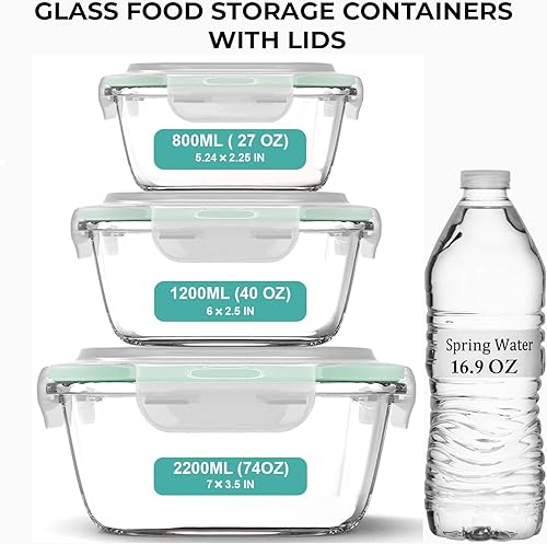 Miniatura 2 de Recipientes de vidrio extragrandes para comida con tapa hermética, 6 piezas [3 contenedores con tapas] aptos para microondas, horno, congelador y