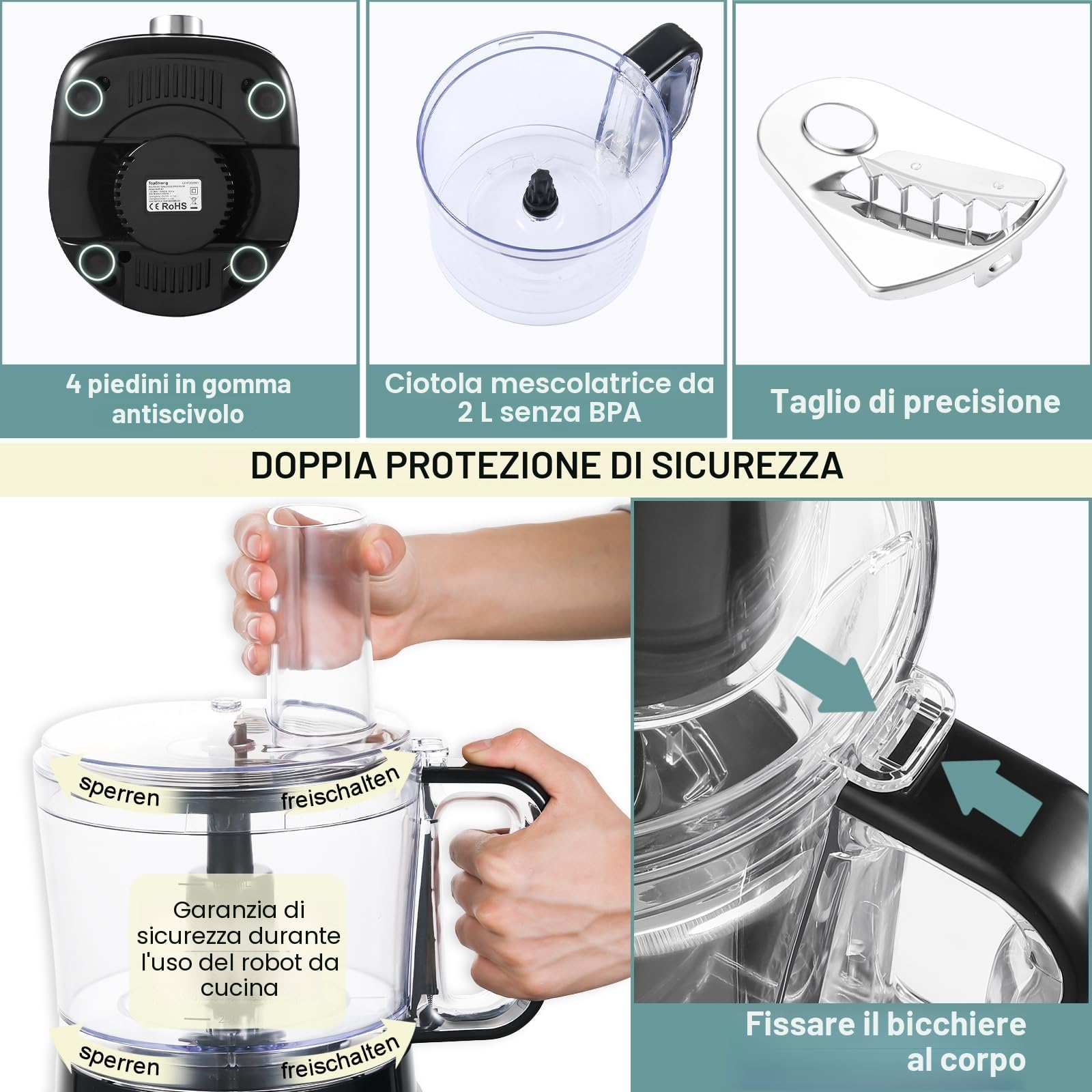 TopStrong Robot da Cucina, 800W Robot da Cucina Multifunzione, 2L Food Processor, 3 velocità Impostazione, con 3 dischi per il taglio a fette, tritatutto, impastatore, frusta,nero