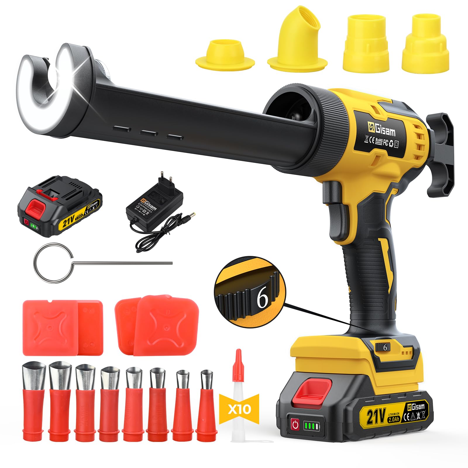 GISAM Akku-Kartuschenpistole Kompatibel mit Makita 18V Akku, 6 Geschwindigkeiten, Max 1100Lb,2Ah & LED-Licht, Akku Silikonpistole Mit 27 Spezialzubehörteile FüR 150-310 ml-Kartuschen