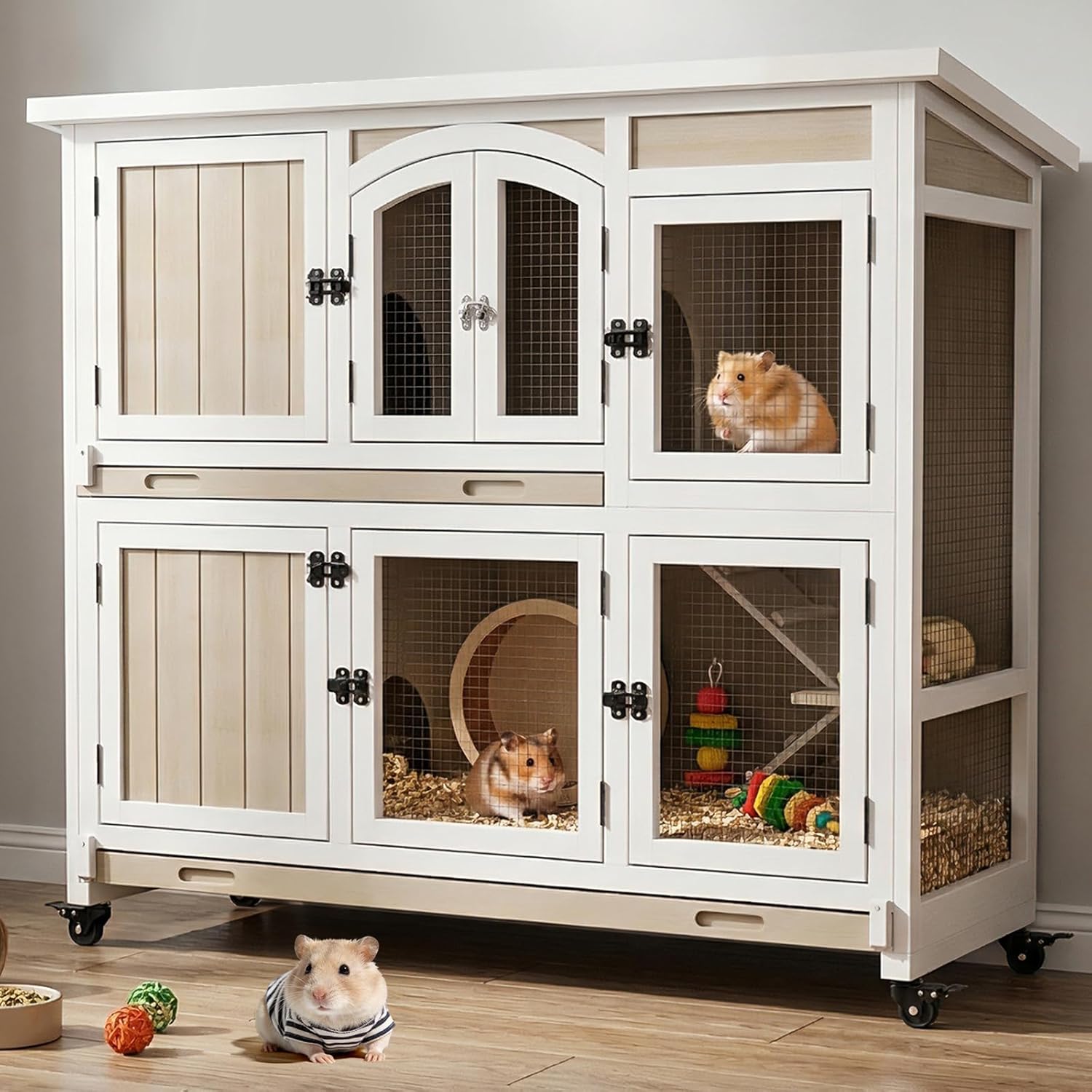 Gowoodhut 47" L Large Guinea Pig Cage Indoor with Wheels, 2-Story Wooden Hutch with 2 Deep Pull-Out Trays, Anti-Chew Ramps & Hideout for Hamsters, Ferrets & Rabbits, Grey, Easy-Clean Small Pet Home