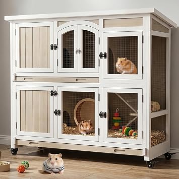 Gowoodhut 47 L Large Guinea Pig Cage Indoor with Wheels, 2-Story Wooden Hutch with 2 Deep Pull-Out Trays, Anti-Chew Ramps & Hideout for Hamsters, Ferrets & Rabbits, Grey, Easy-Clean Small Pet Home