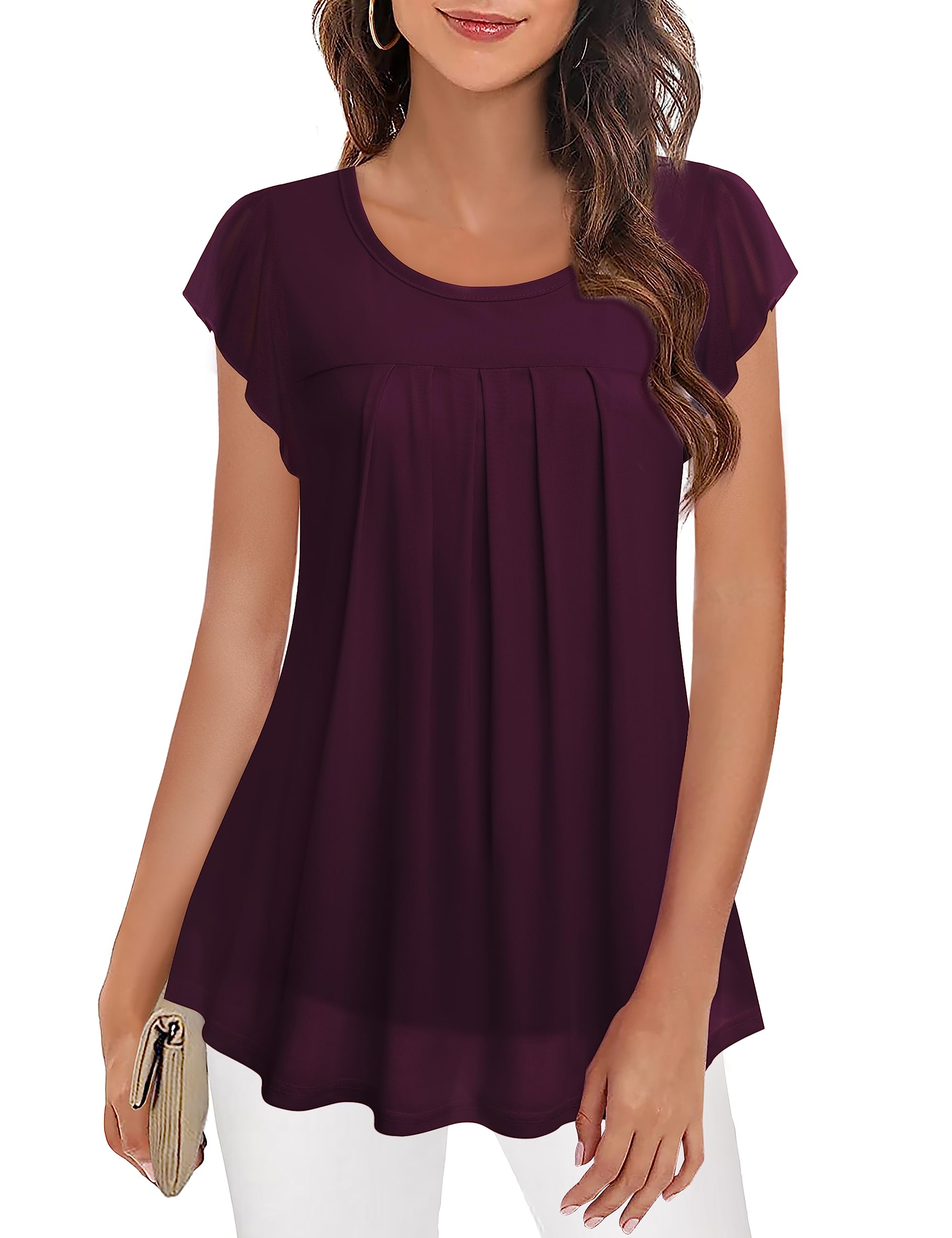 Furnex Women's Short Sleeve Tunic Shirt Pleated Mesh Blouses Summer Floral Tops