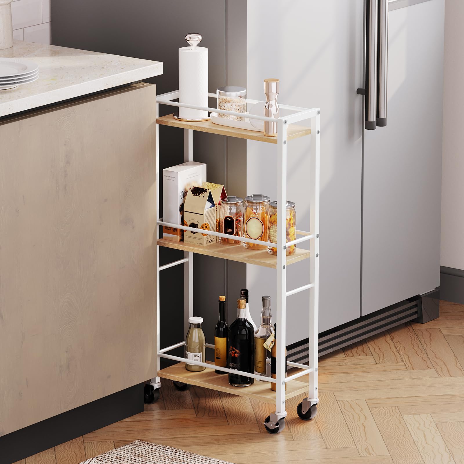 MAHANCRIS Carrello Sottile a 3 Ripiani, Stretto con Ruote, Pratico Carrello Portaoggetti, Scaffale da Cucina in Legno, Per Spazi Ristretti in Sala da Pranzo, Bagno