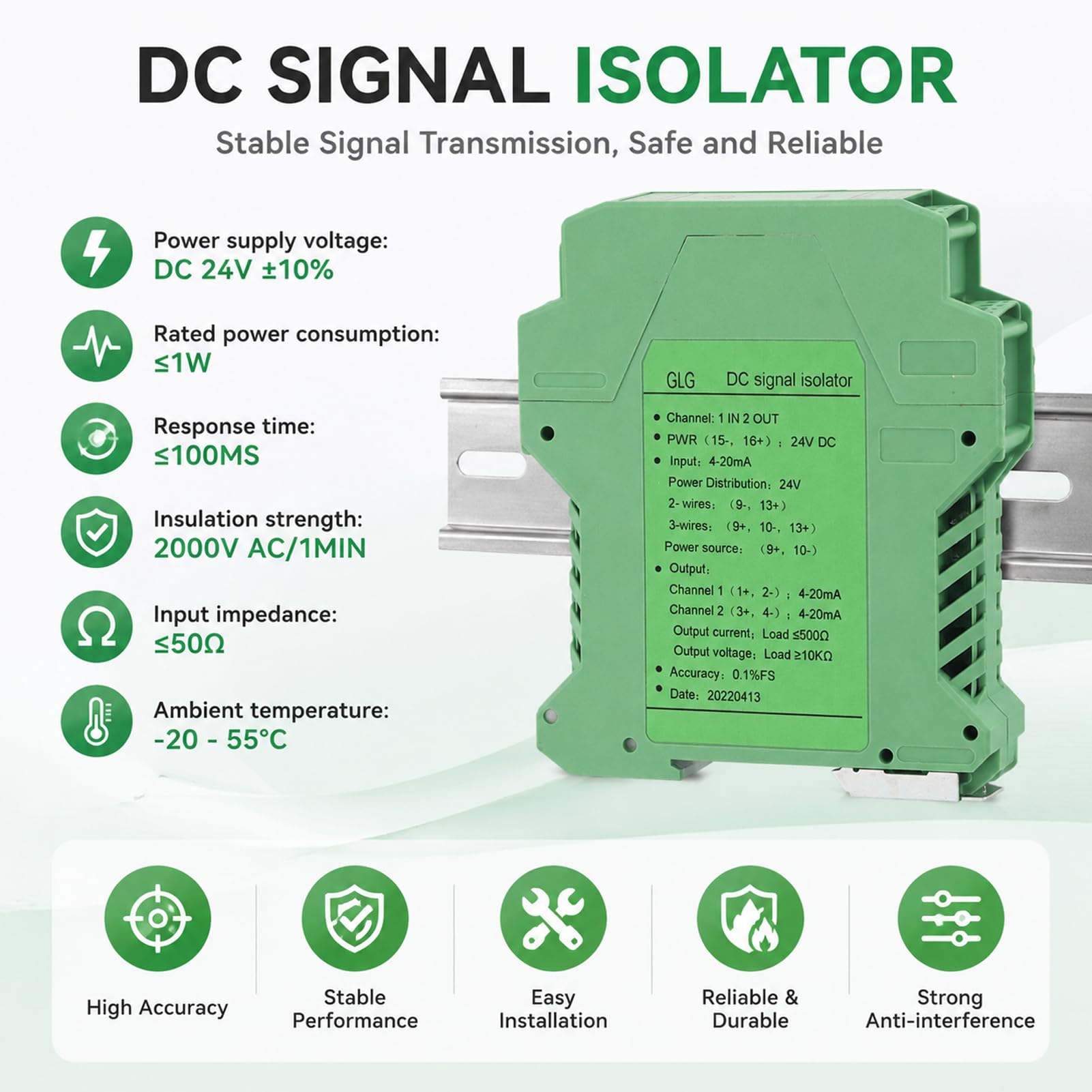 GLG Aislador de señal CC 4-20 mA a 4-20 mA, convertidor de señal 1 en 2 Salida Transmisor de Voltaje de Corriente para detección de PLC, Ultrafino (Una entrada y dos salidas 4-20mA a 4-20mA)