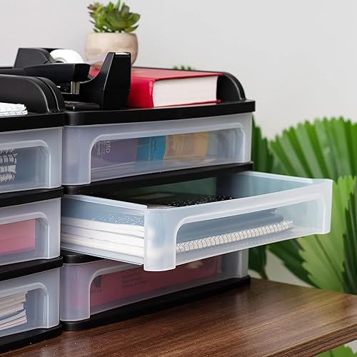 Vista 21 de IRIS USA Organizador de almacenamiento de plástico apilable para escritorio de 3 cajones, paquete de 2, para maquillaje, esmalte de uñas, baño