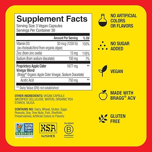 Miniatura 6 de Bragg Cápsulas de vinagre de sidra de manzana, vitamina D3 y zinc, 750 mg de ácido acético, apoyo inmunológico y al control de peso, sin OMG,