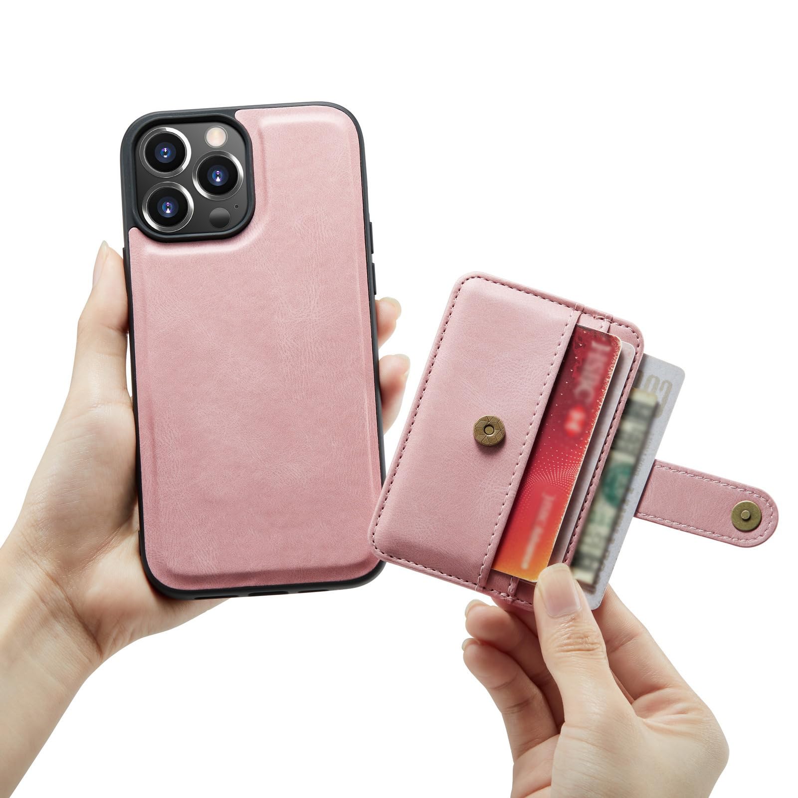 Skórzane etui na iPhone'a 15 Pro Max/15 Pro/15 Plus/15, magnetyczne odpinane, wąskie etui portfelowe z uchwytem na kartę blokującą RFID, różowy, 15
