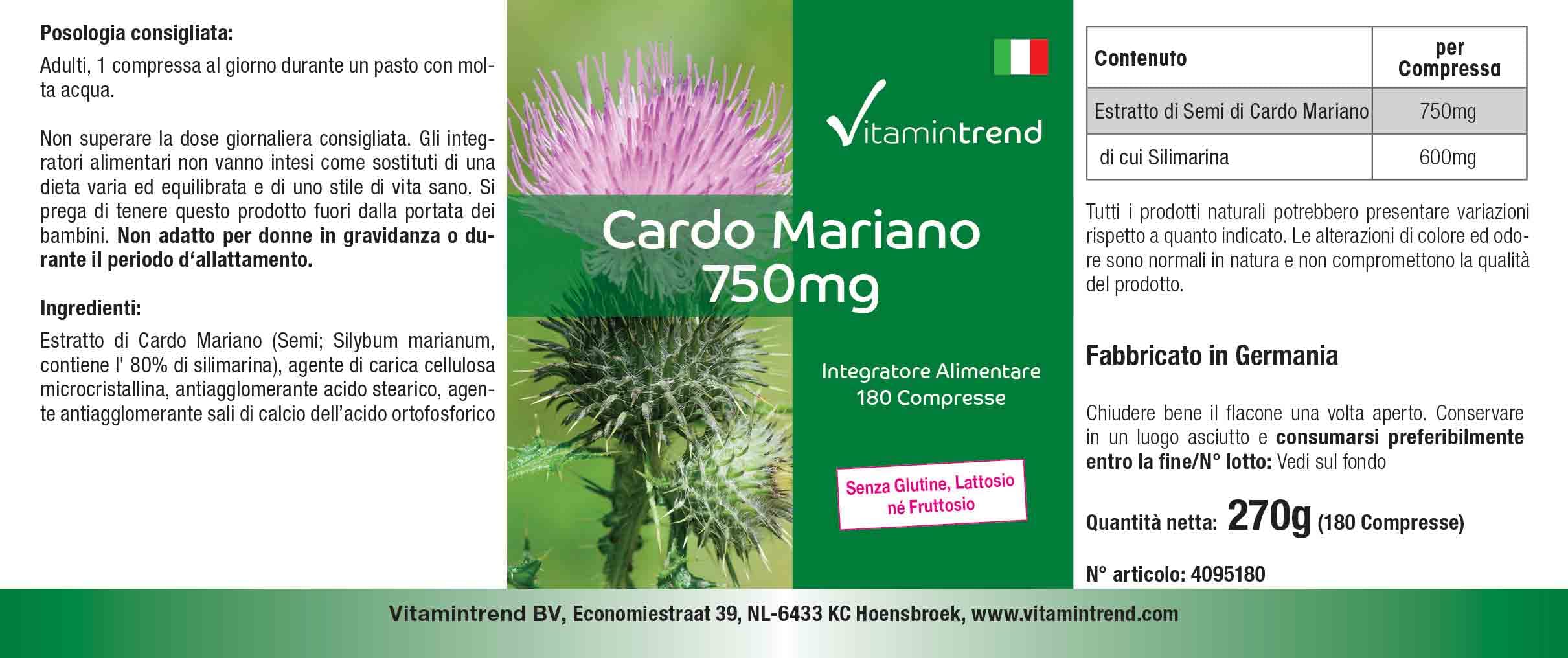 Vitamintrend Extrait de chardon-marie 750 mg, 180 comprimés, hautement dosé, complément alimentaire végan sans stéarate de magnésium, fabriqué en Allemagne