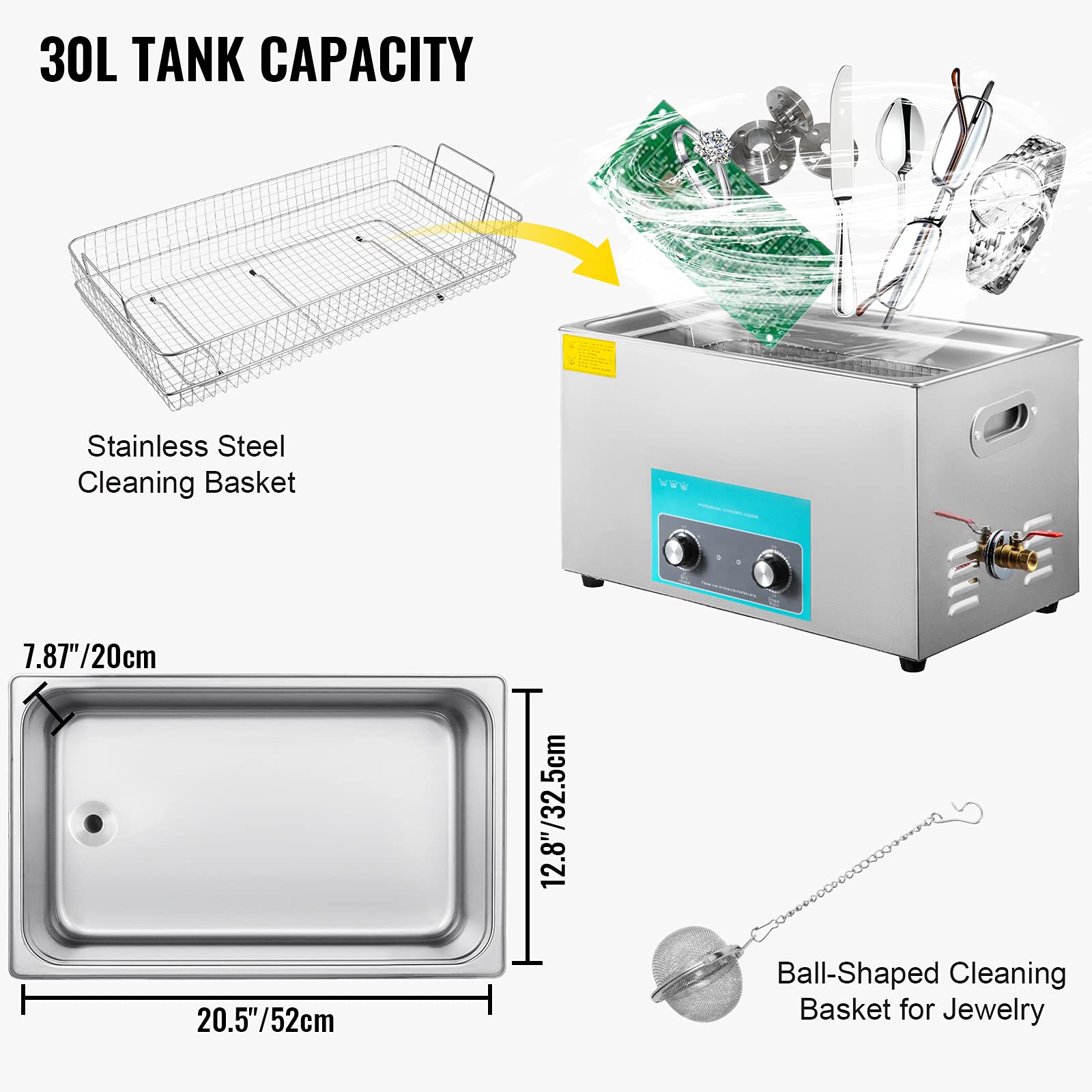 GloWiss Limpiador Ultrasónico 30 L 600 W Limpiador Ultrasónico Profesional con Calentador Ajustable Máquina de Limpieza Ultrasónica con 2 Perillas Potente Frecuencia de 40 kHz para Joyas Reloj y Gafas