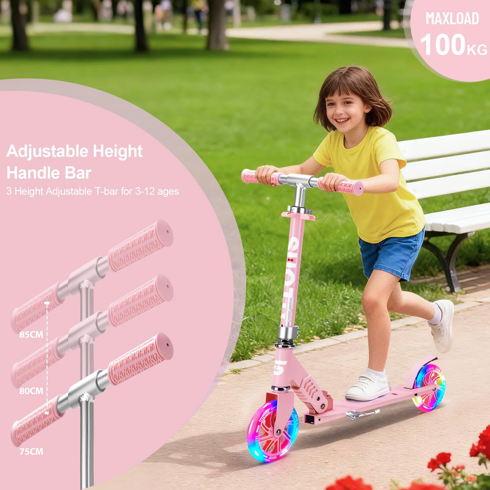 SUOTU Patinete Niño con Grandes Ruedas Iluminadas de 145 mm, Carga Máxima: 100 kg, Scooter para Niños de 3 a 12 Años, Plegable, Volante Ajustable Altura, Aluminio — view 4