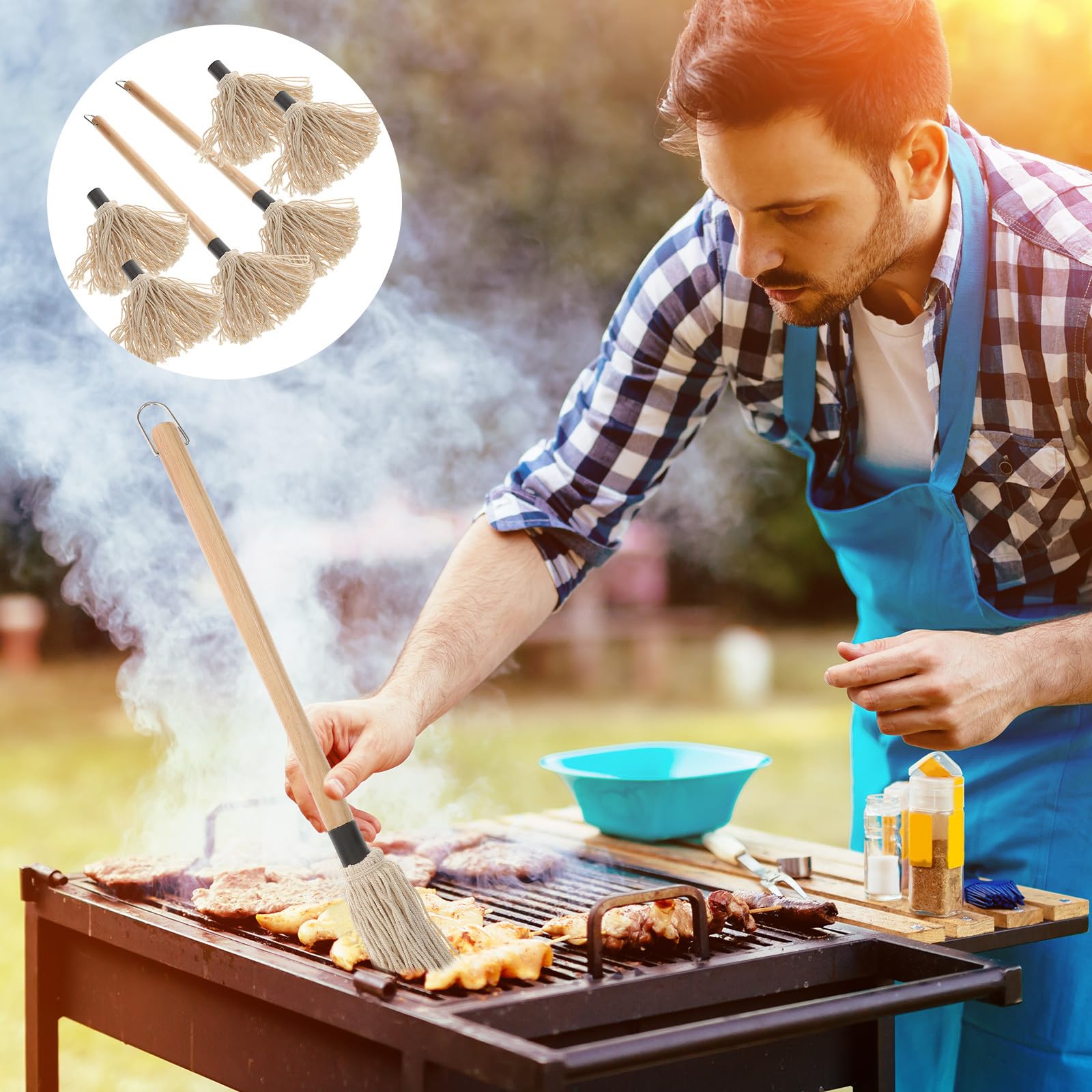Garneck 8 Stück Grillpinsel mit Baumwollgarn 6 Ölköpfen und 2 Holzgriffen Praktisches Grillzubehör für Einfaches Auftragen Beim Barbecue und Grillen