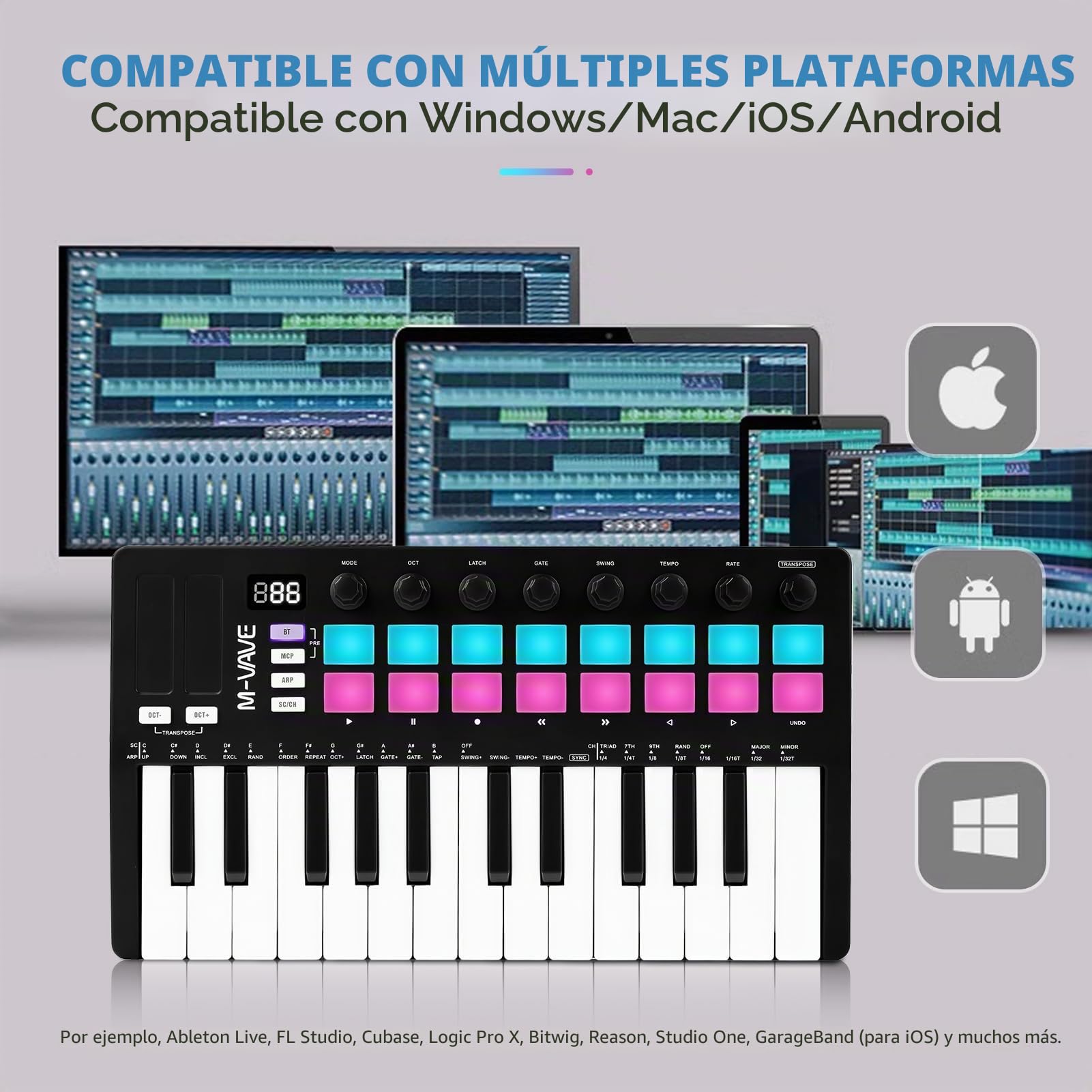 M-VAVE Teclado Controlador MIDI, teclado MIDI mejorado, portátil recargable, de almohadilla RGB, SMK-25II, negro y blanco, batería incorporada