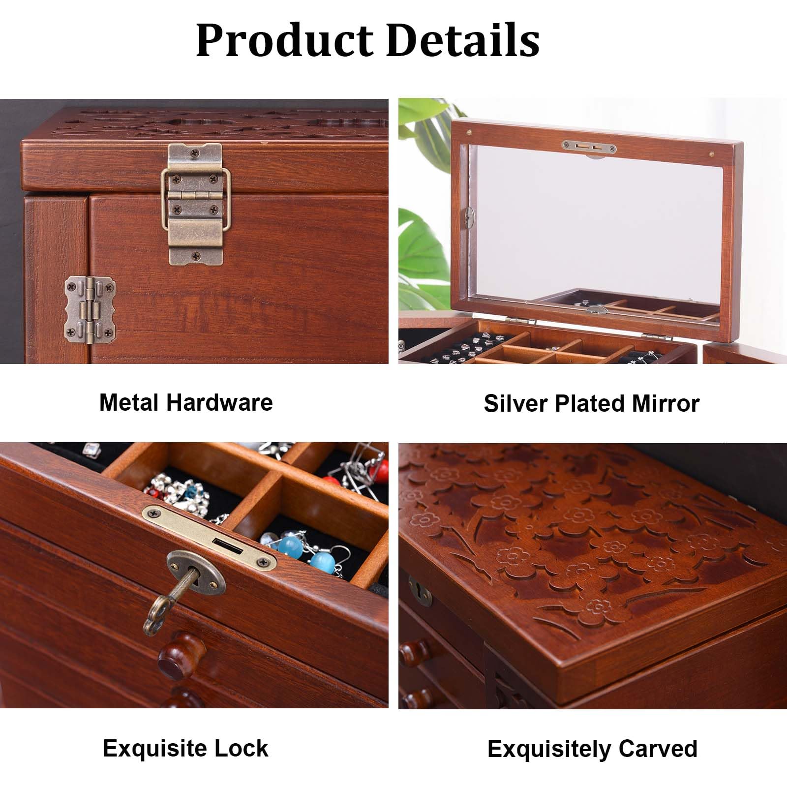 Joyero de Madera para Mujer, 6 Niveles, Joyeros Organizador Grande con 5 Cajones, Espejo & Cerradura, Caja Joyero para Joyas, Jollares, Anillos, Alhajero, Relojes de Estilo Vintage (Walnut)