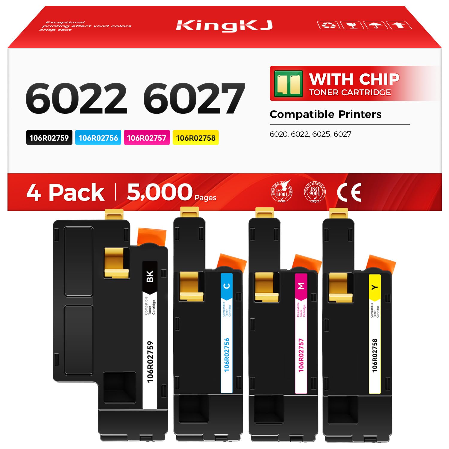 6022 6027 Toner Cartridge Set 4-Pack High-Yield Replacement for 106R02759 106R02756 106R02757 106R02758 Compatible for Xerox Phaser 6020 6022 WorkCentre 6025 6027 Printer Ink Black Cyan Magenta Yellow
