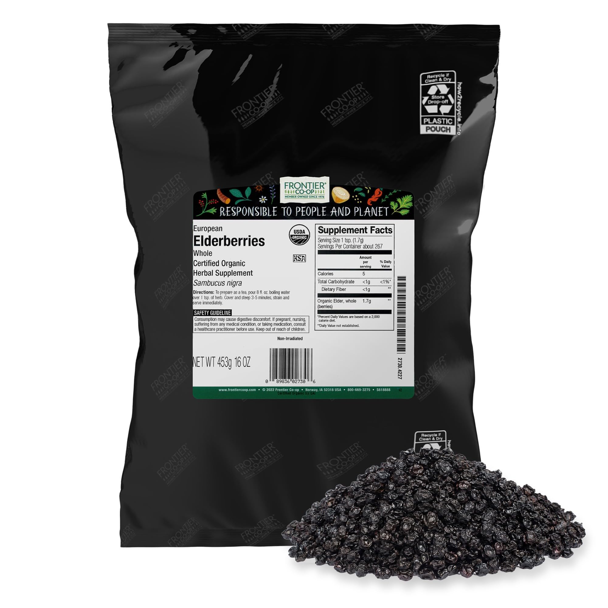 Frontier Co-op Organic Dried Elderberries, European Whole, Non-GMO Elderberry Berries Dried, For Tea, Immune Support, Kosher | 16 Ounce (Pack of 2) Natural Elderberry (Organic) 1 Pound (Pack of 2)