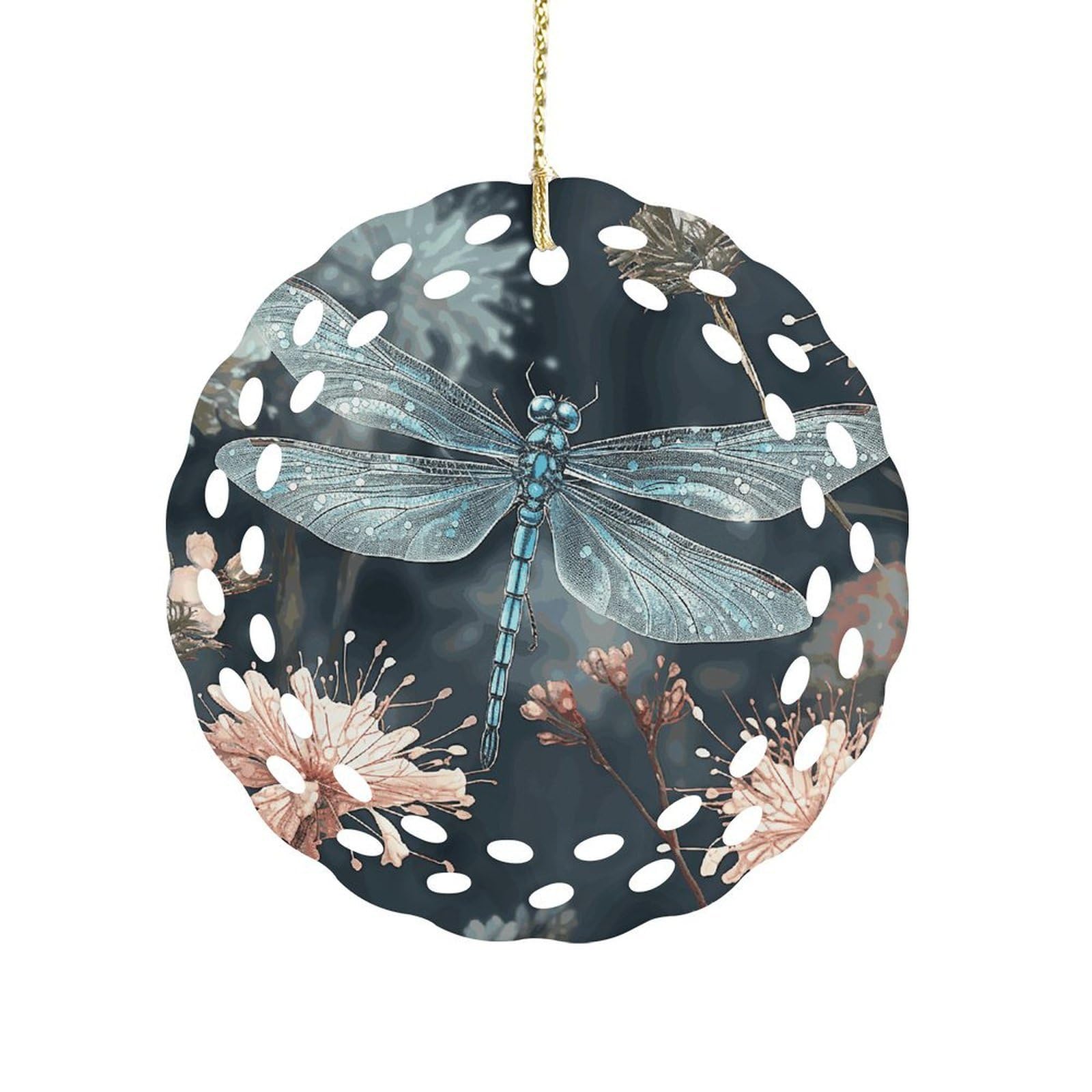 Fodpand Women's Style Dragonfly Flower Ceramic Ornament For Home Decor 3.2" Round Tree Decoration Christmas Ornaments For Men Double-Sided Design