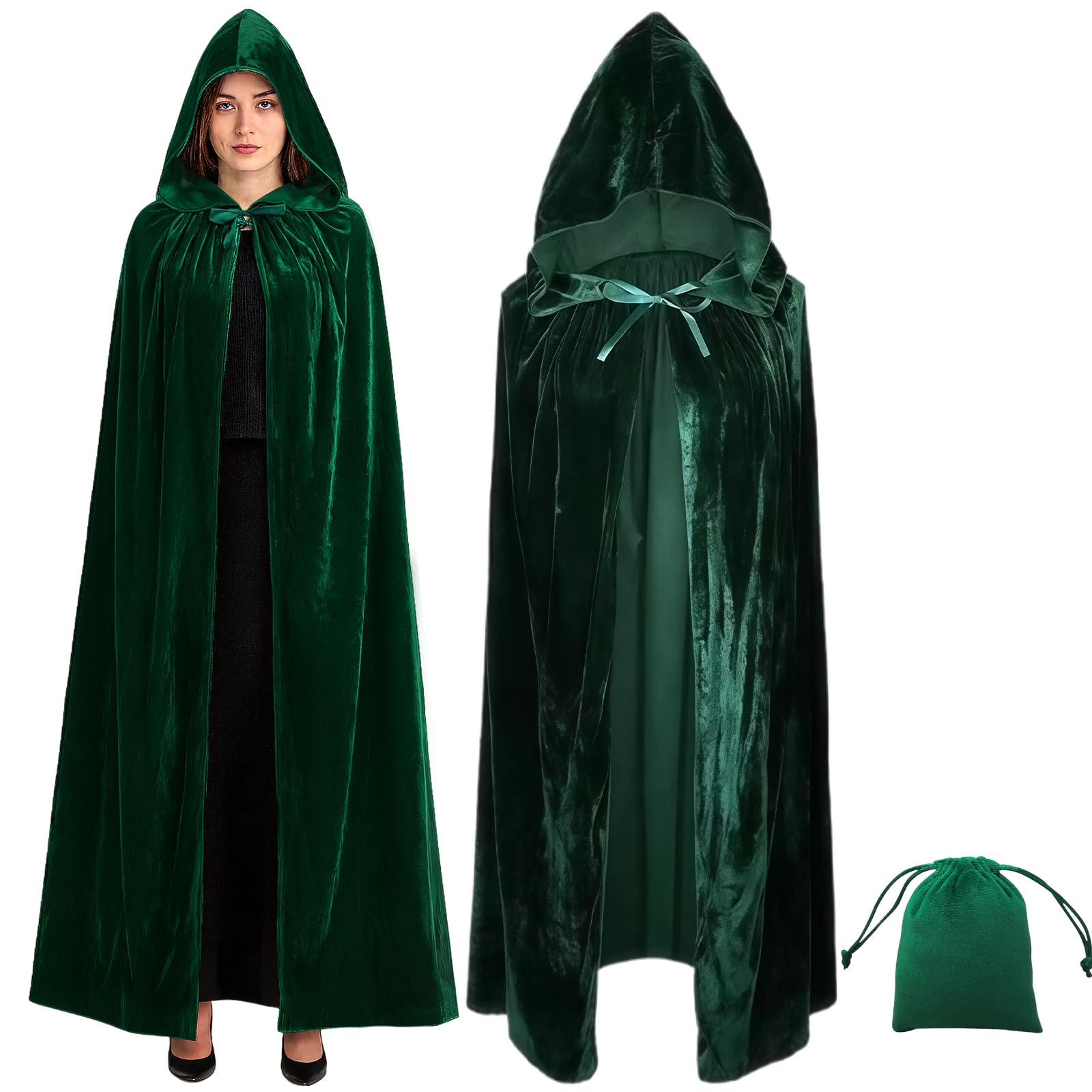 AYNKH Velvet Cloak 59'' Full Length Hooded Cloak with Storage Bag Medieval Vampire Cape Halloween Costume Accessory Unisex (Green)