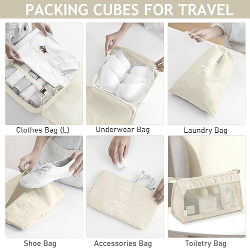 Vista 4 de KPX Juego de 8 cubos de embalaje para viajes, organizadores de equipaje de equipaje, accesorios grandes para artículos de tocador para ropa