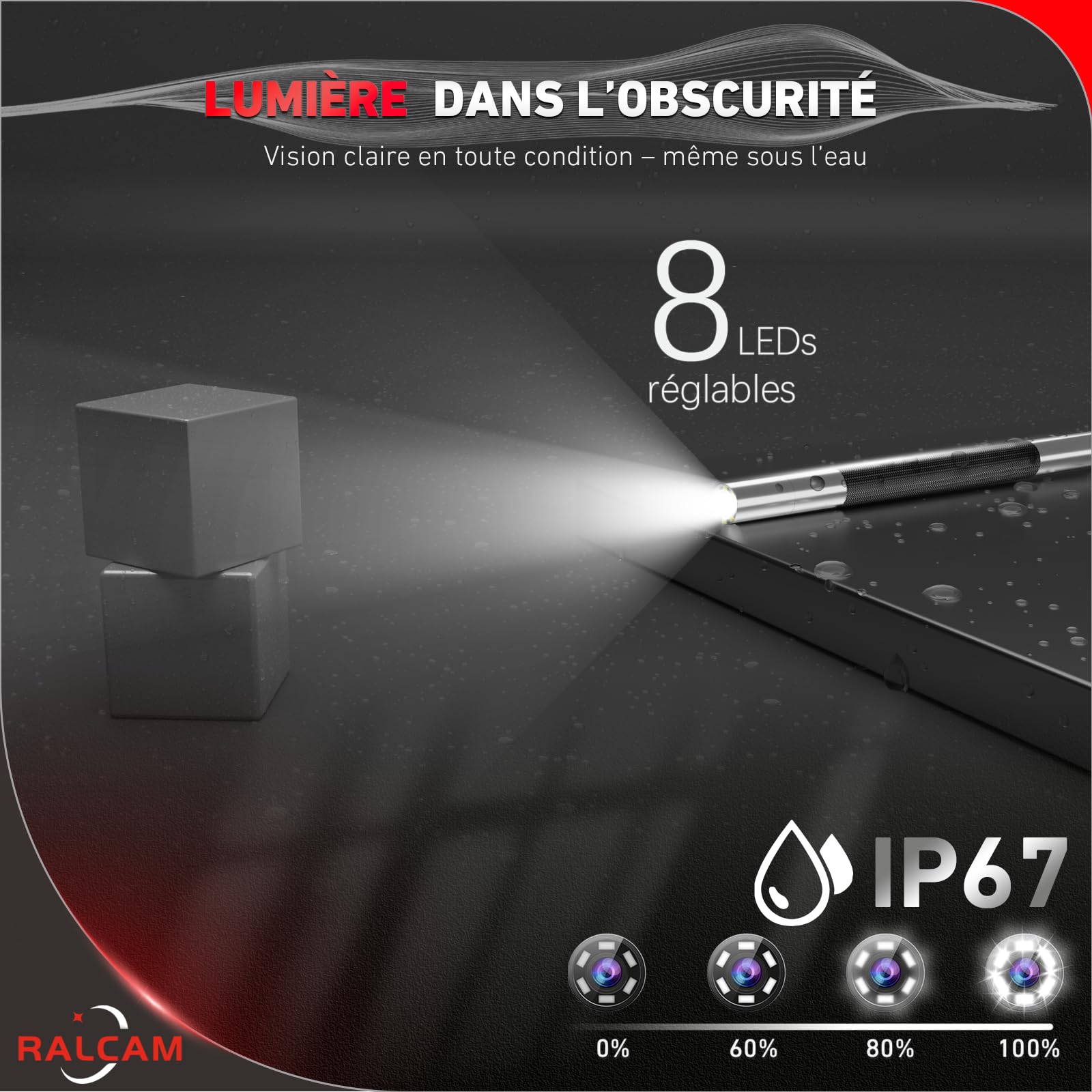Ralcam Caméra endoscopique avec lumière, tête Mobile à 210°, sonde de 5,5 mm, écran HD 5", caméra d'inspection IP67, Tube Serpent élastique de 1,5 m, caméra Tubulaire pour Voiture et Maison