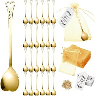 Meanplan 50 Sets Tea Party Favors for Guests, Tea Spoon Heart Shape Stainless Steel Coffee Spoon with Organza Bag and Thank You Card for Wedding Bridal Shower Party Wedding Souvenir Gift(Gold)