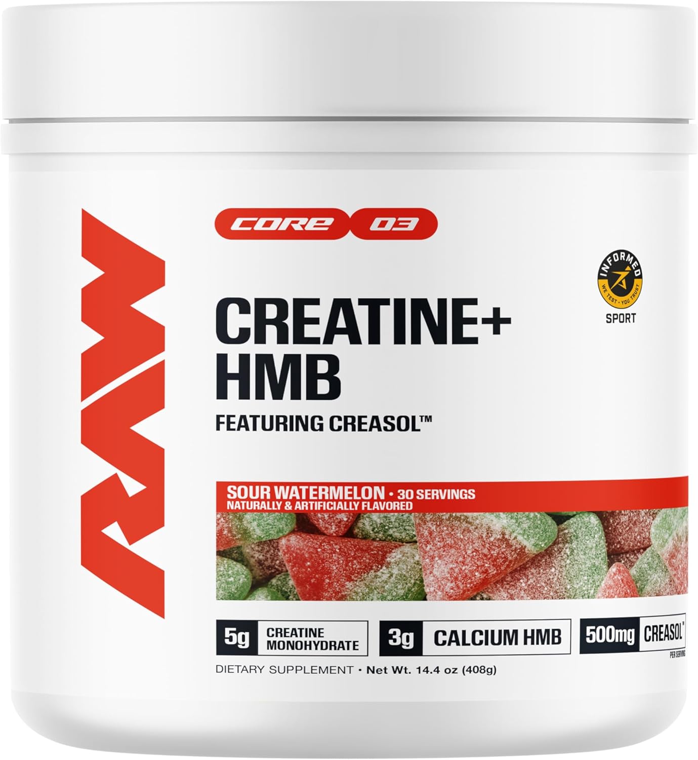 RAW Creatine Plus, Creatine HMB Powder for Men & Women - Creatine Monohydrate Powder with HMB, Taurine & No Added Sugar - Muscle Mass Growth, Strength Building & Enhanced Energy - Sour Watermelon