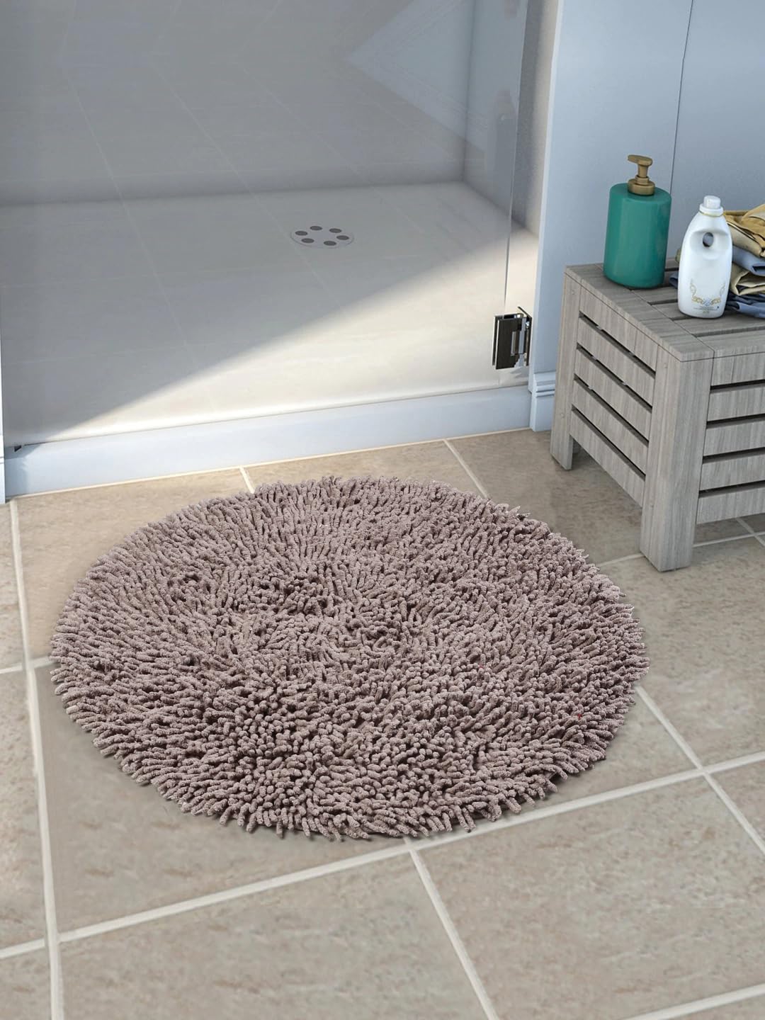 SARAL HOME EASY LIVING Cotton Shaggy Anti-Skid Round Solid Bath Mat|Soft & Super Absorbent Mats for Shower|Washable, Non-Slip & Quick-Drying Mats for Home/Kitchen/Office (Grey, 60X60 CM)-image-16