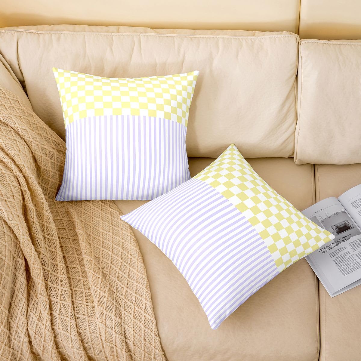 Homewish Poszewka na poduszkę w fioletowe paski, 4 sztuki, 20 x 50 cm, żółta, w kratkę, teksturowane paski, luksusowa dekoracyjna poszewka na poduszkę