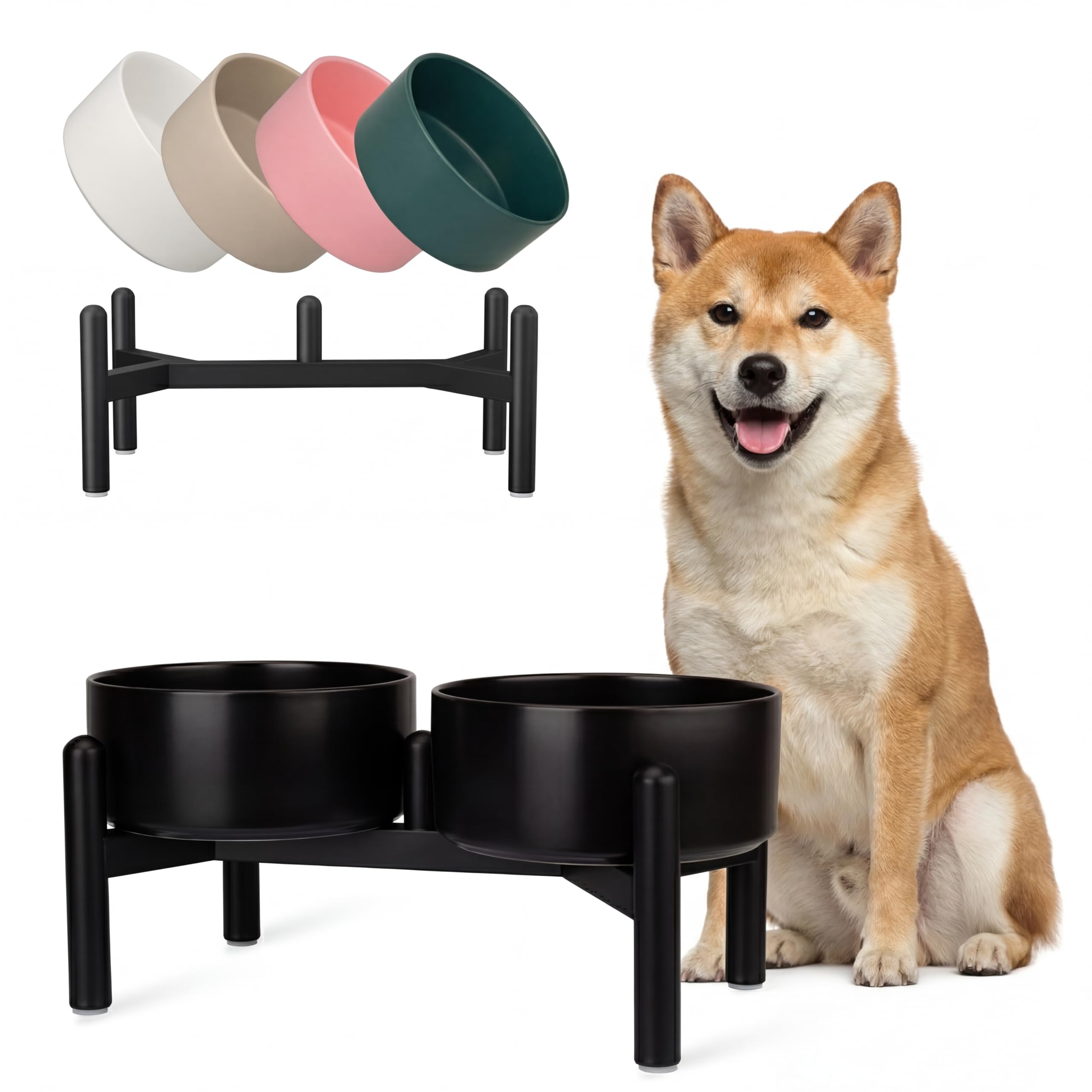 Raised Ceramic Dog Bowl Set - Elevated Double Dishes with Stainless Steel Stand - Food and Water Bowls for Small to Medium Dogs - Each Holds 3.5 cups (29.57 fl oz) - Black