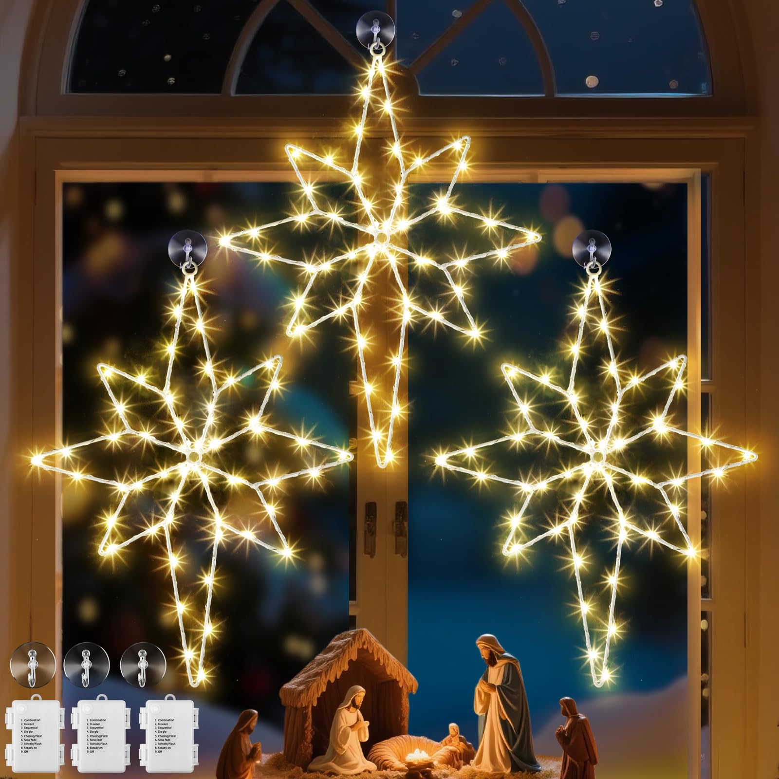 Hiboom Grande décoration lumineuse de Noël de 40,6 cm, 8 modèles 3 en 1 de Bethléem - Silhouette de fenêtre de Noël - 60 LED à piles - Décoration pour fenêtre