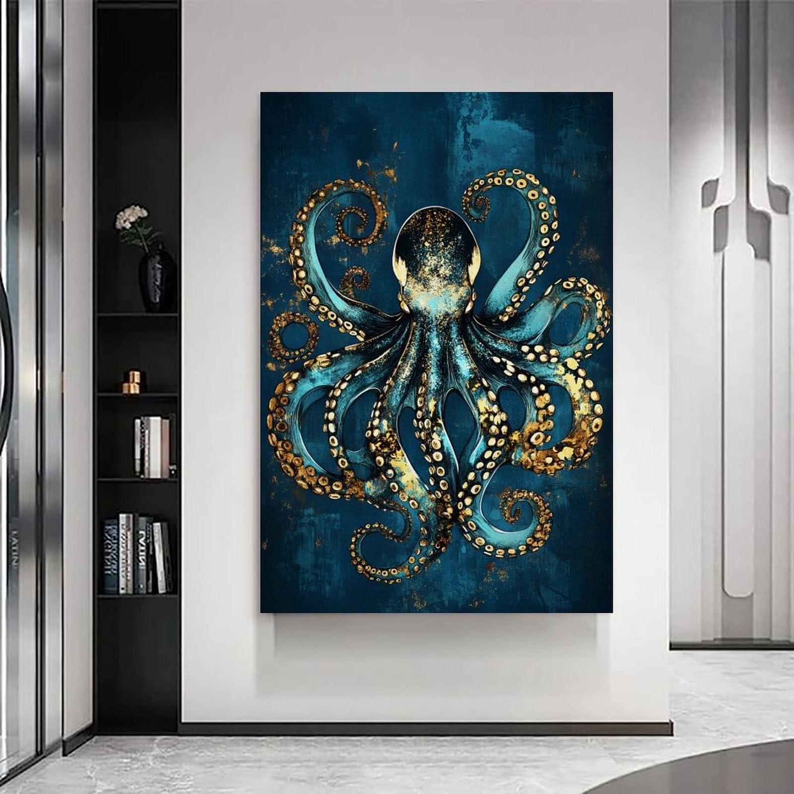 Séa Lifé inspiriertes abstraktes blau-goldenes Oktopus-Kunstwerk, elegante hängende Gemälde, Poster, Wandkunst für Wohnzimmer, Innendekoration, 60 x 90 cm