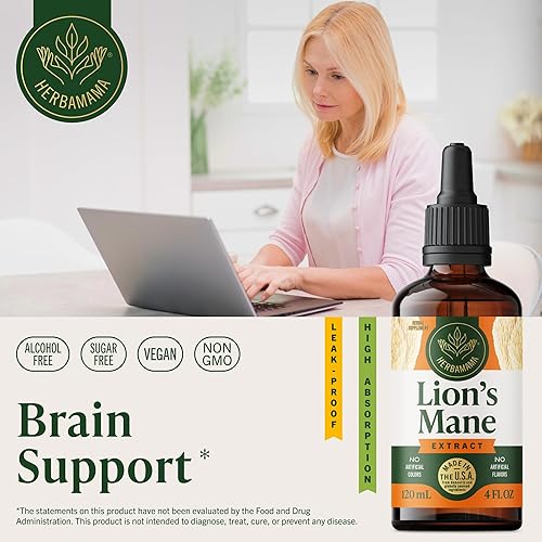 Miniatura 2 de HERBAMAMA Lions Mane Tincture - Extracto líquido de suplemento de hongos de melena de león para función cognitiva, memoria, enfoque y claridad,