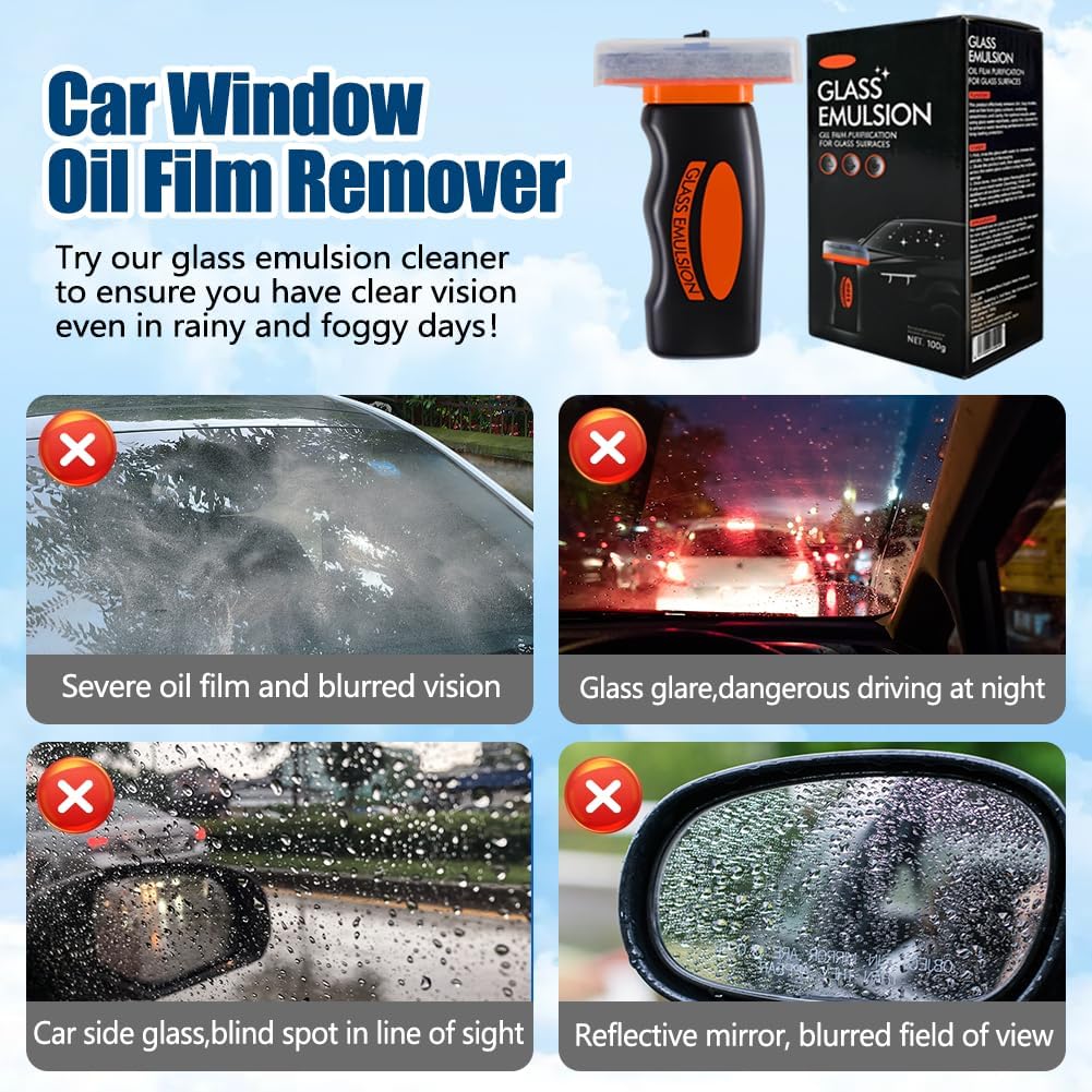 zxbaers Glass Oil Film Remover for Car, Glass Guard Cleaner with Car Wash Sponge and Towel, Glass Emulsion Cleaner, Remover Oil Film & Smudges, Improve Windshield Clarity for Safe Driving