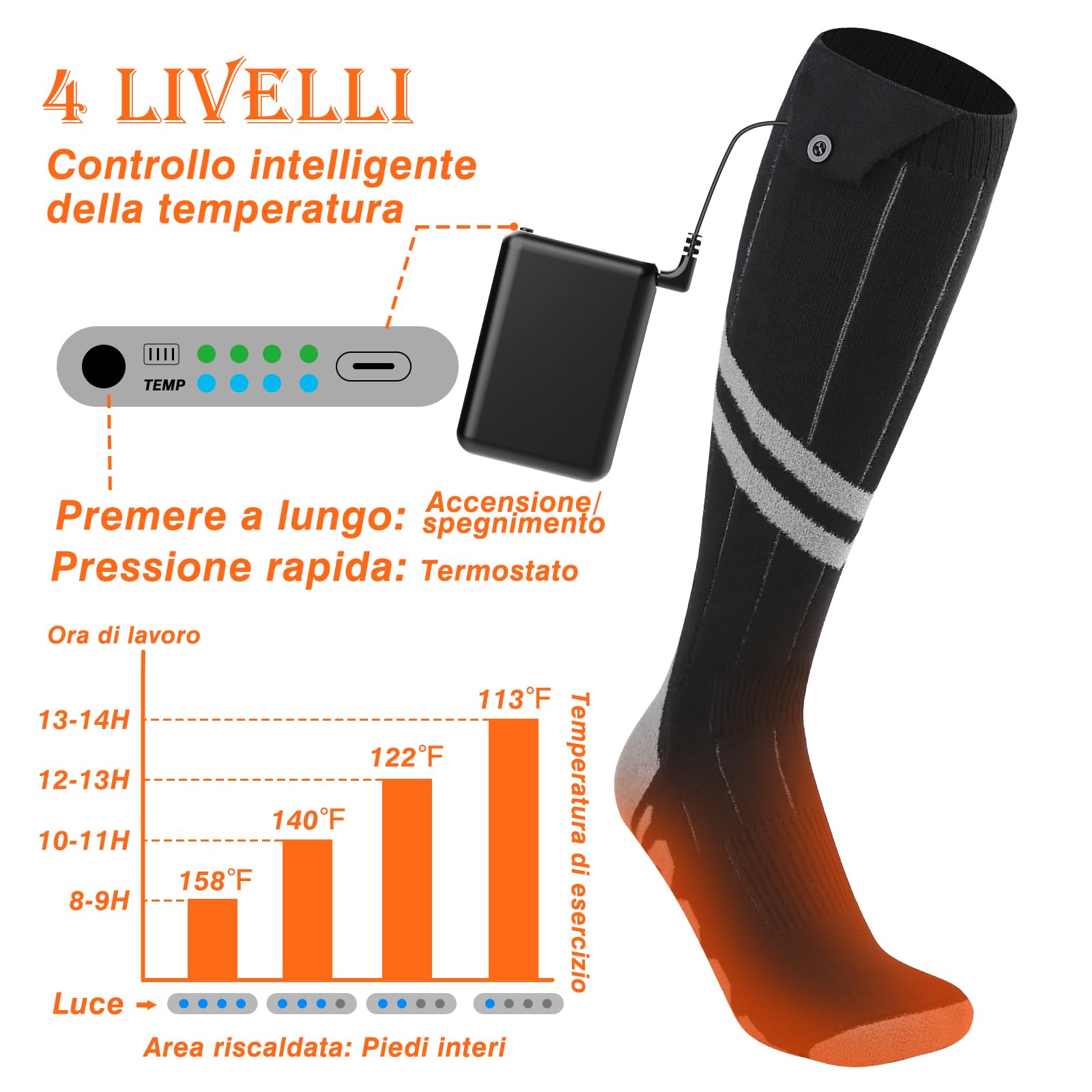 2023 Calze Riscaldate a Batteria Ferdiiz, 2 x 6000mAh/5V Max. 14 Ore Inverno Ricaricabili Calzini USB Riscaldati Scaldapiedi Elettrico Calze al ginocchio con 4 Temperature per l'intero Plantare