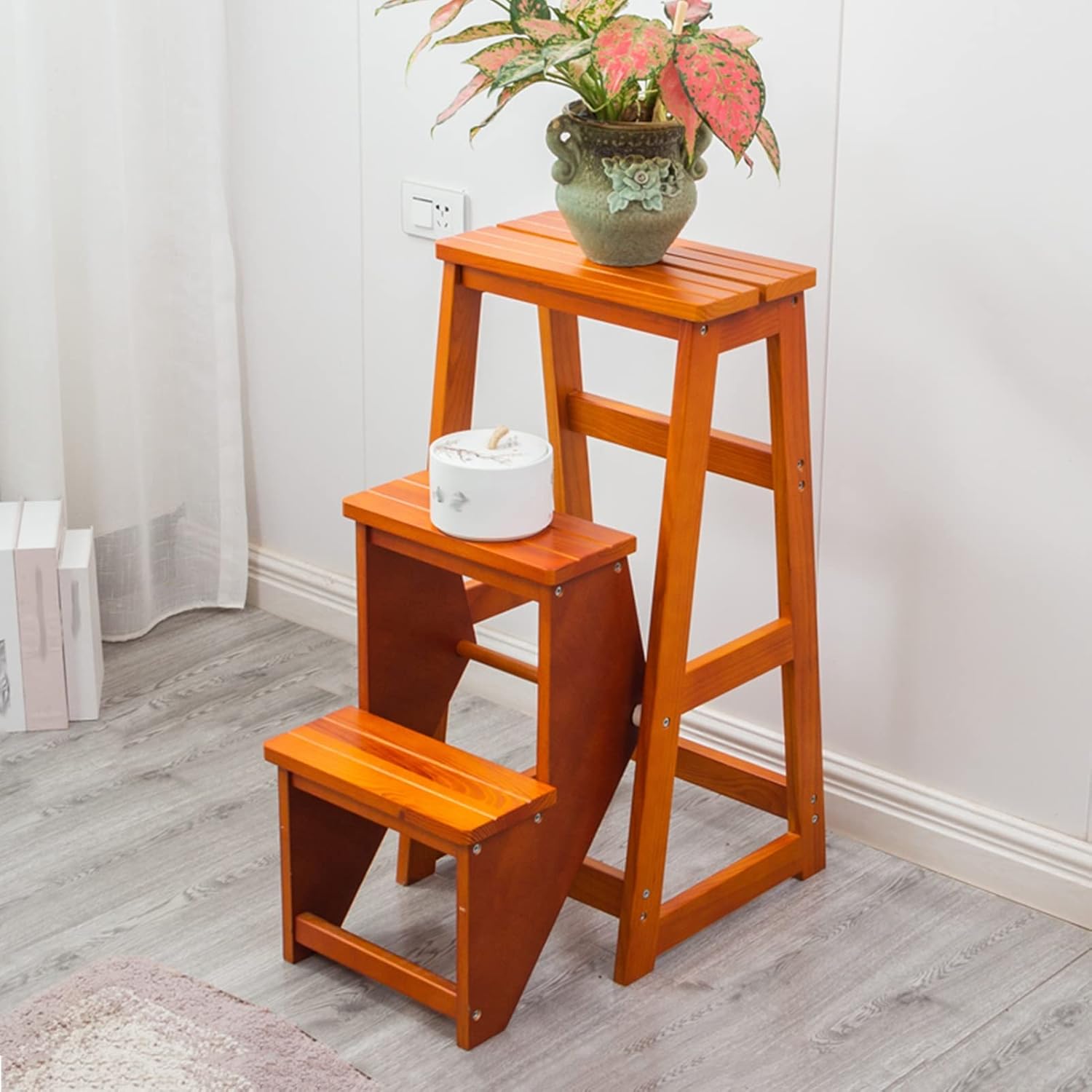 Ladder Chair Wooden Step Stool, Folding 3 Steps Kitchen Step Ladder Stool Safety Non-Slip Portable Shoe Bench/Flower Rack for Bathroom Office