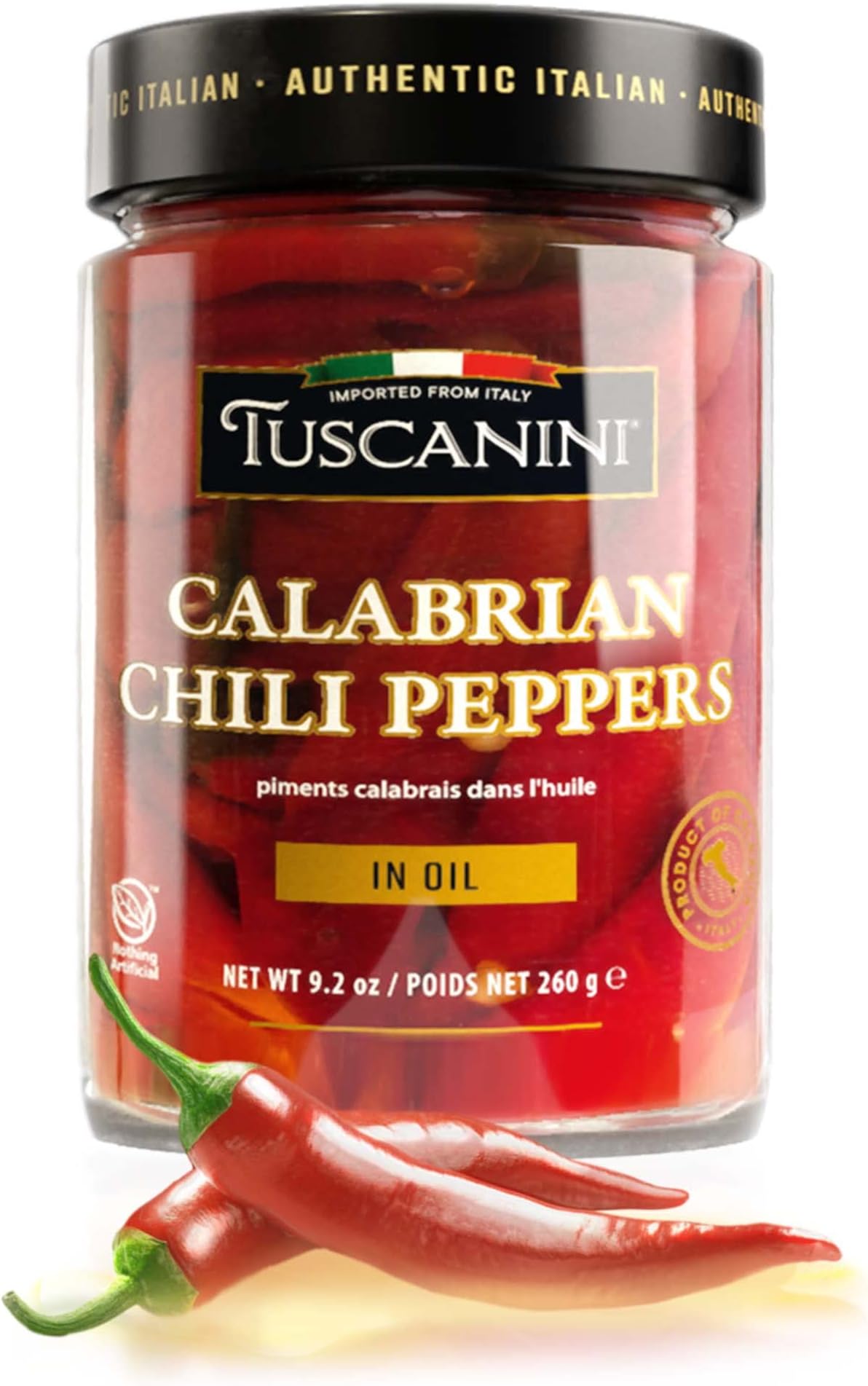Tuscanini Premium Whole Calabrian Chili Peppers In Olive Oil, 9.2oz | Beautifully Red and Long Peppers | Just 3 Ingredients | Nothing Artificial | Product of Italy | Kosher