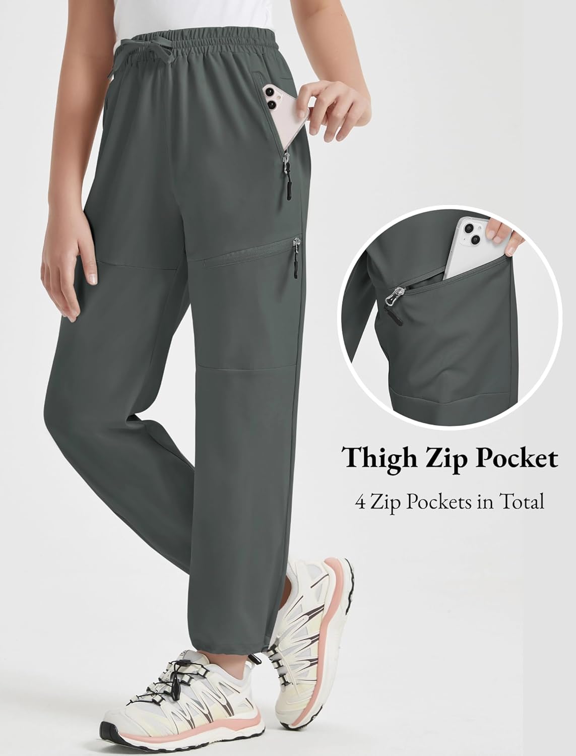 EXARUS Girls Joggers Hiking Pants Water Resistant Kids Athletic Quick Dry Lightweight Zip Pockets High Waisted 6-14Y - Image 2
