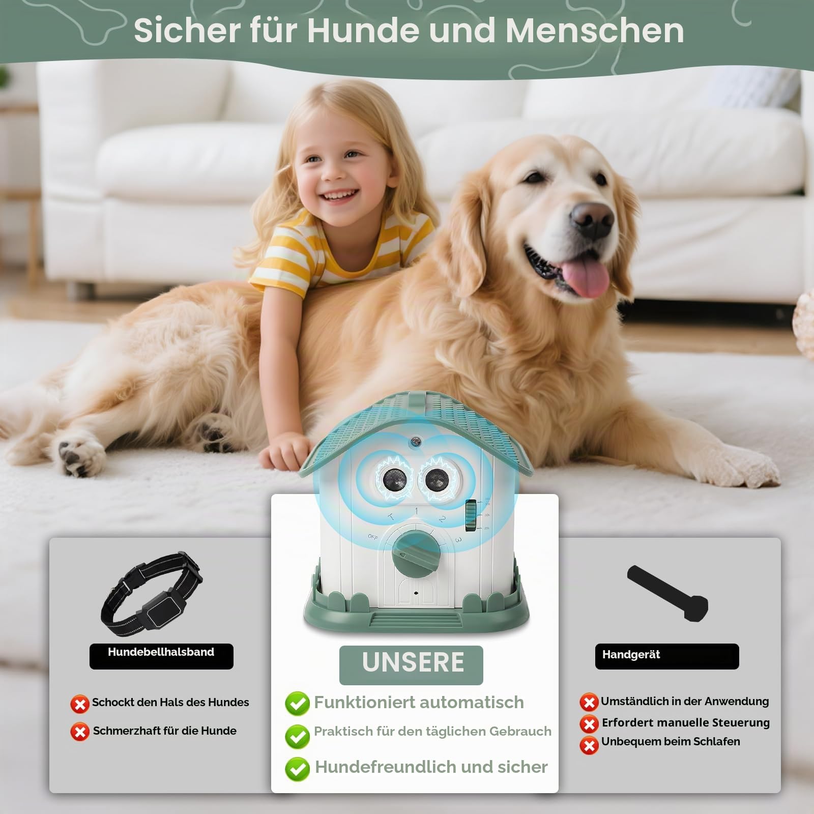 Anti Bell Gerät Hunde, 50FT Stopp Hundebell Gerät, Automatischer Ultraschall Anti Bellen, wiederaufladbares Antibell für Hunde mit 3 Modi , IPX4 Wasserdichtes Anti-Bell-Mittel für Innen & Außen