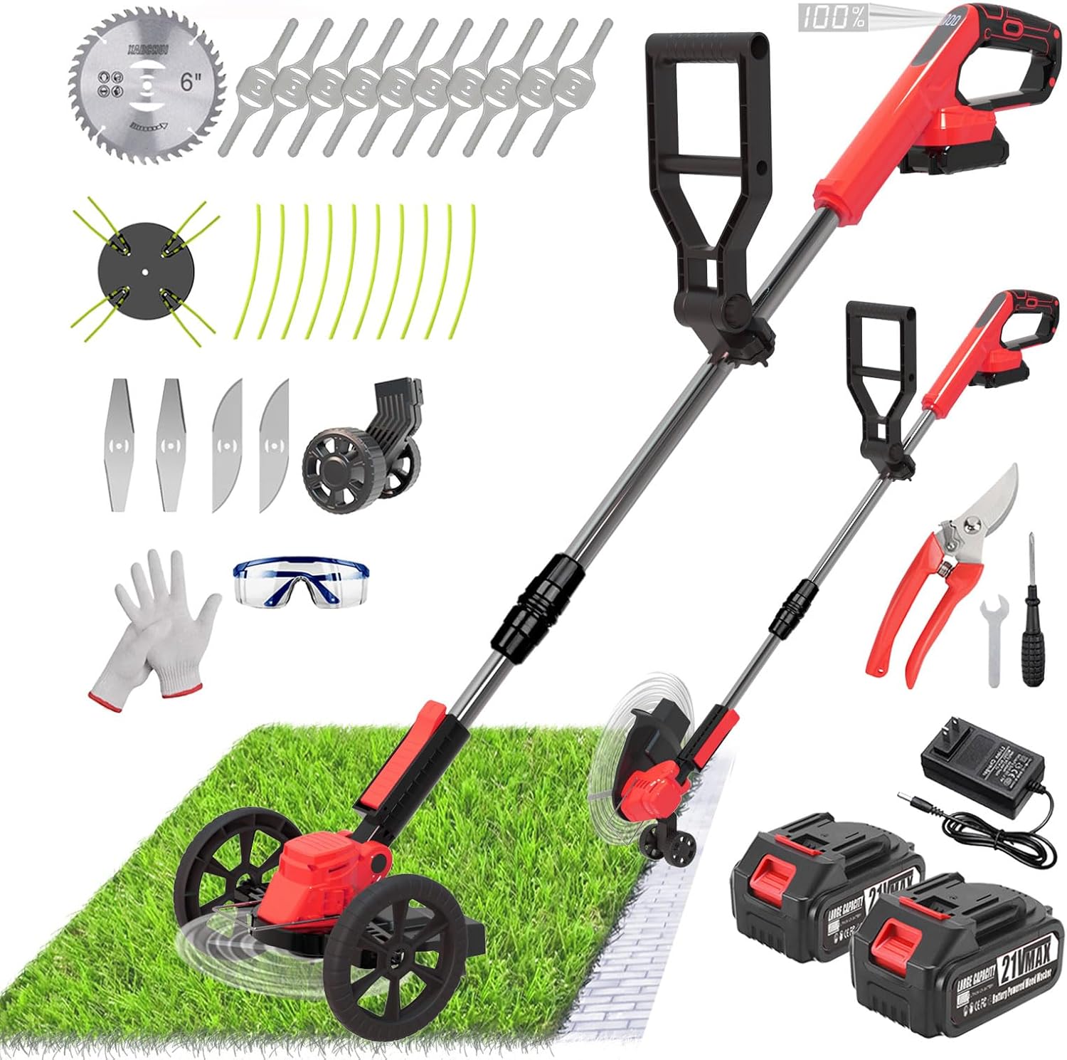 Cordless Weed Wacker Eater Battery Powered, 21V Lightweight Electric Weed Trimmer with 2 Battery Operated & Charger& Wheels & Shears, No-String Grass Trimmer/Brush Cutter/Lawn Edger for Yard Garden wacker18