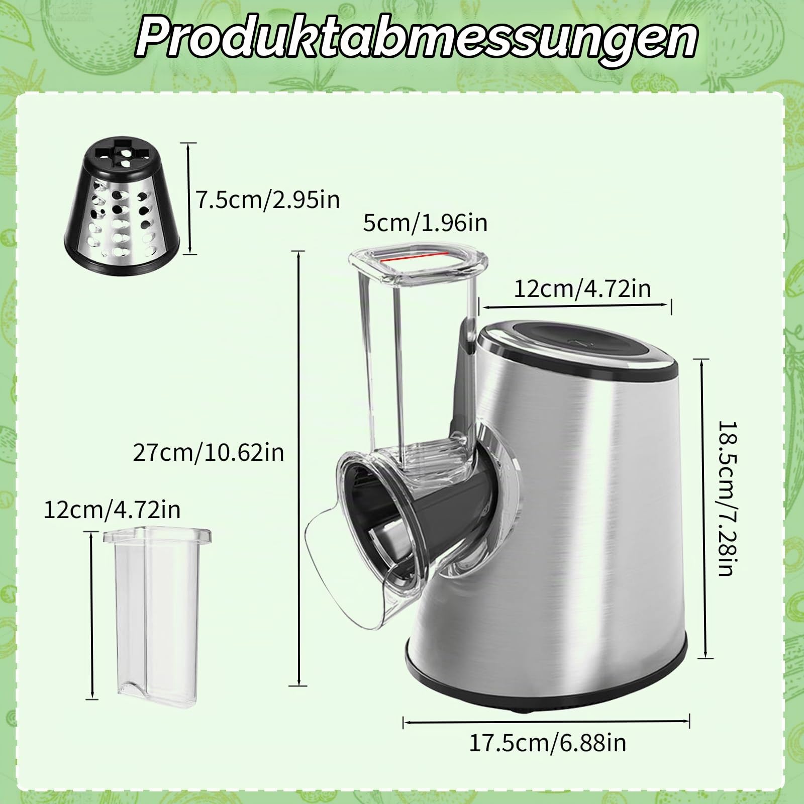 Gemüseschneider Elektrisch 5-in-1,Profi Gemüsehobel Edelstahl,Multi Gemüsehobel für Haus& Salat Zubereitung,500W Küchenreibe mit 5 Edelstahl-Klingen für Käse,Gemüse & Obst